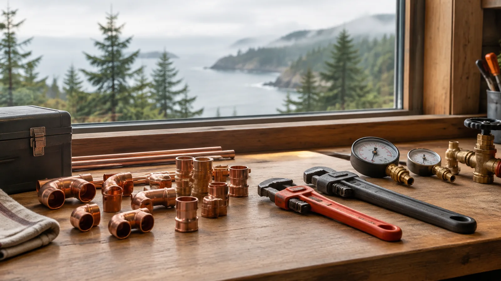 A tidy workbench with mechanical tools by a window facing the coast