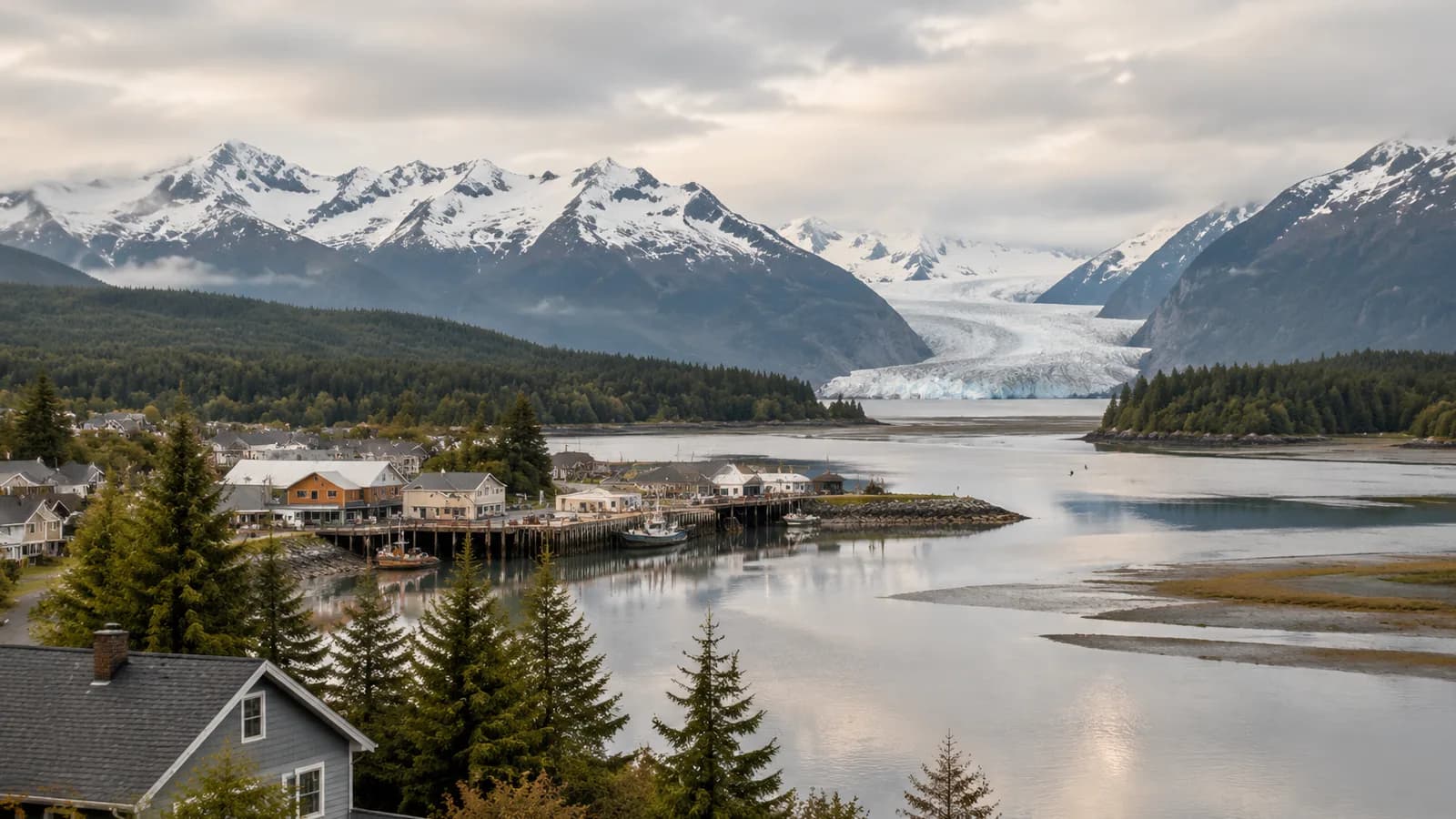 Comox Valley with snow-capped mountains and the shoreline