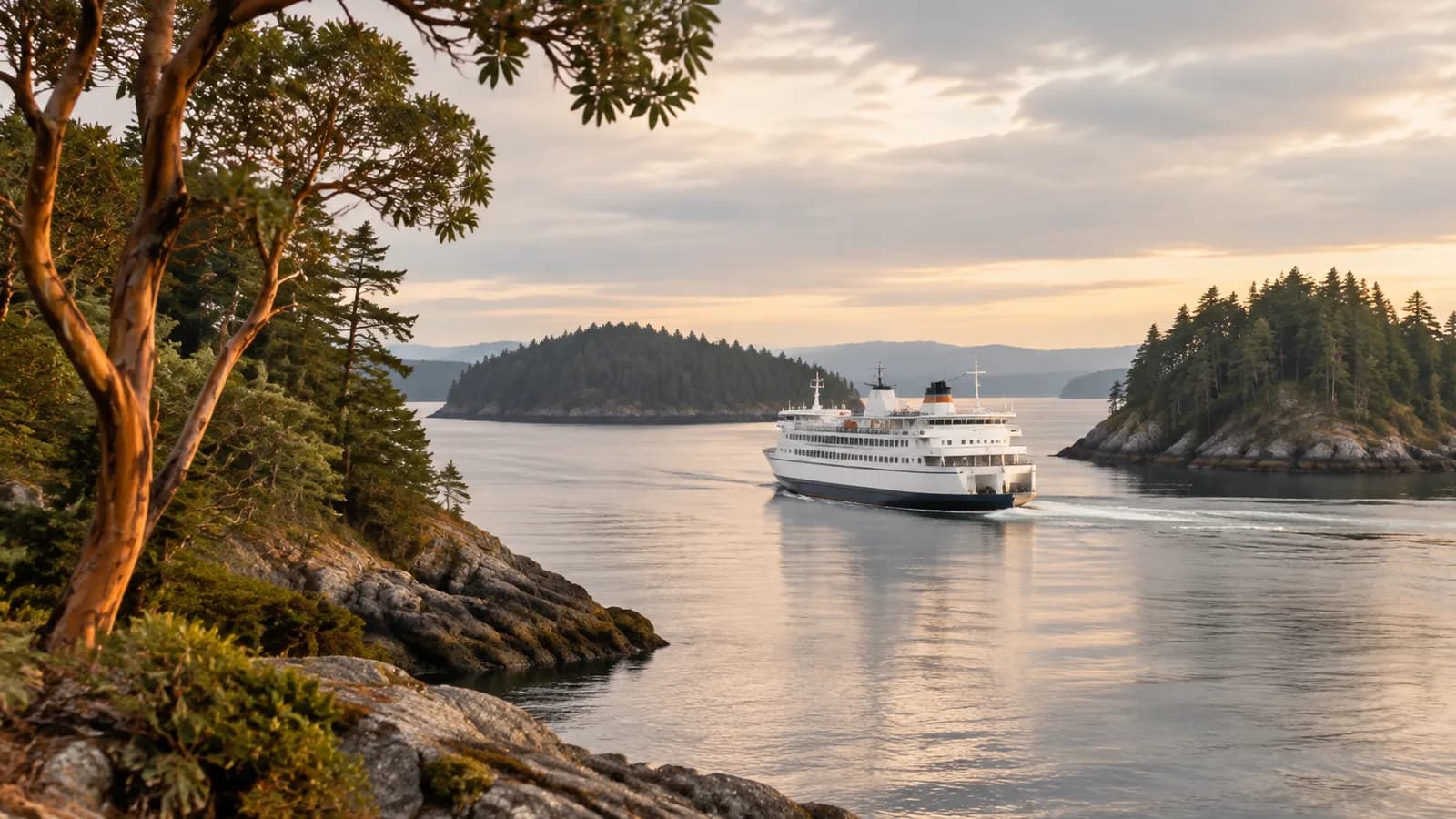 A ferry crossing between forested Gulf Islands