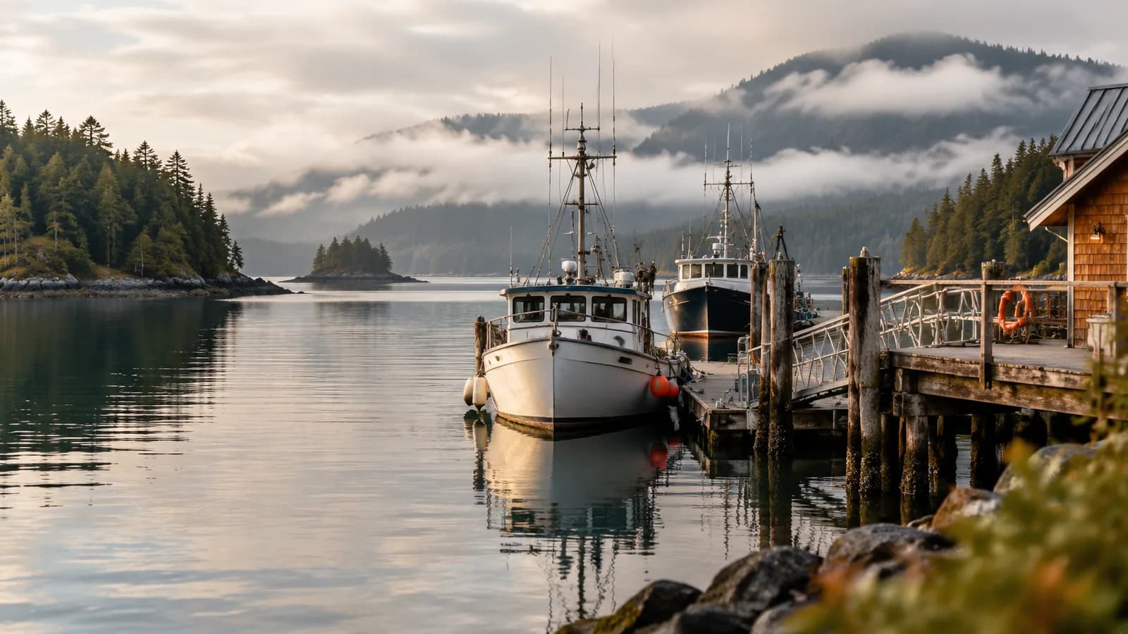 Nanaimo harbour waterfront with boats and forested islands
