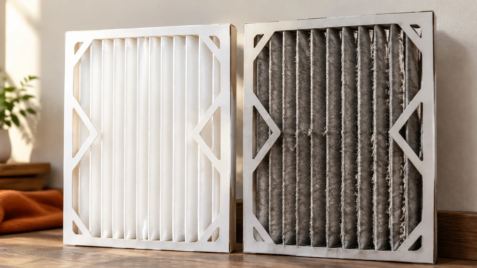 A clean furnace filter next to a dirty one