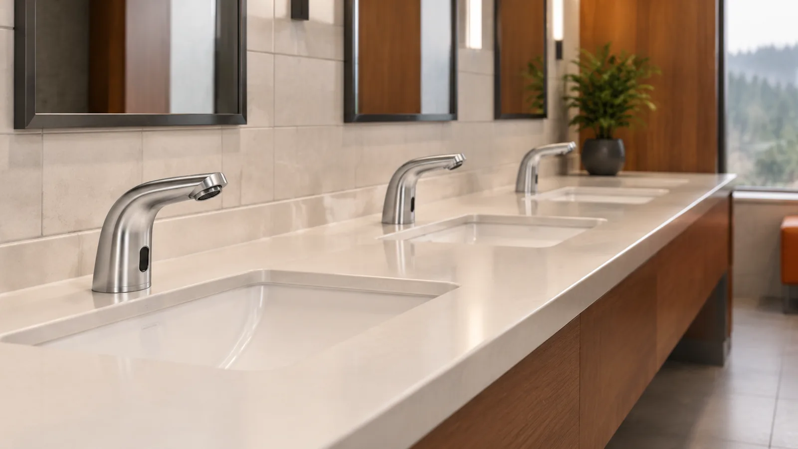 A row of sensor faucets in a clean commercial restroom