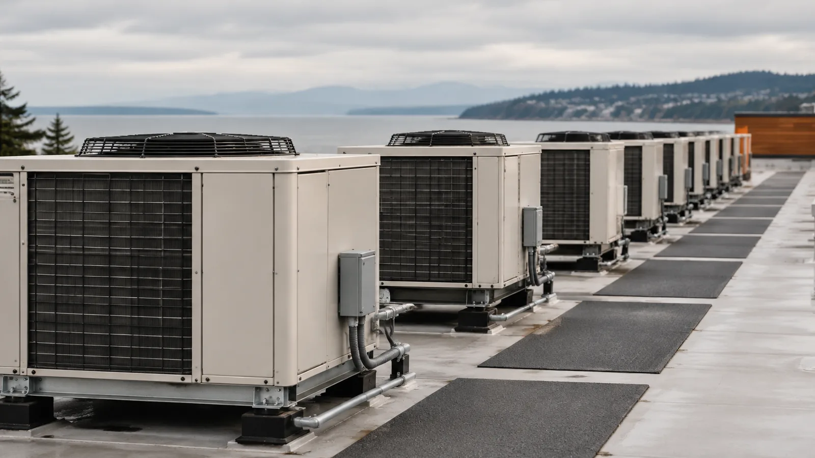 A row of rooftop HVAC units on a large commercial roof