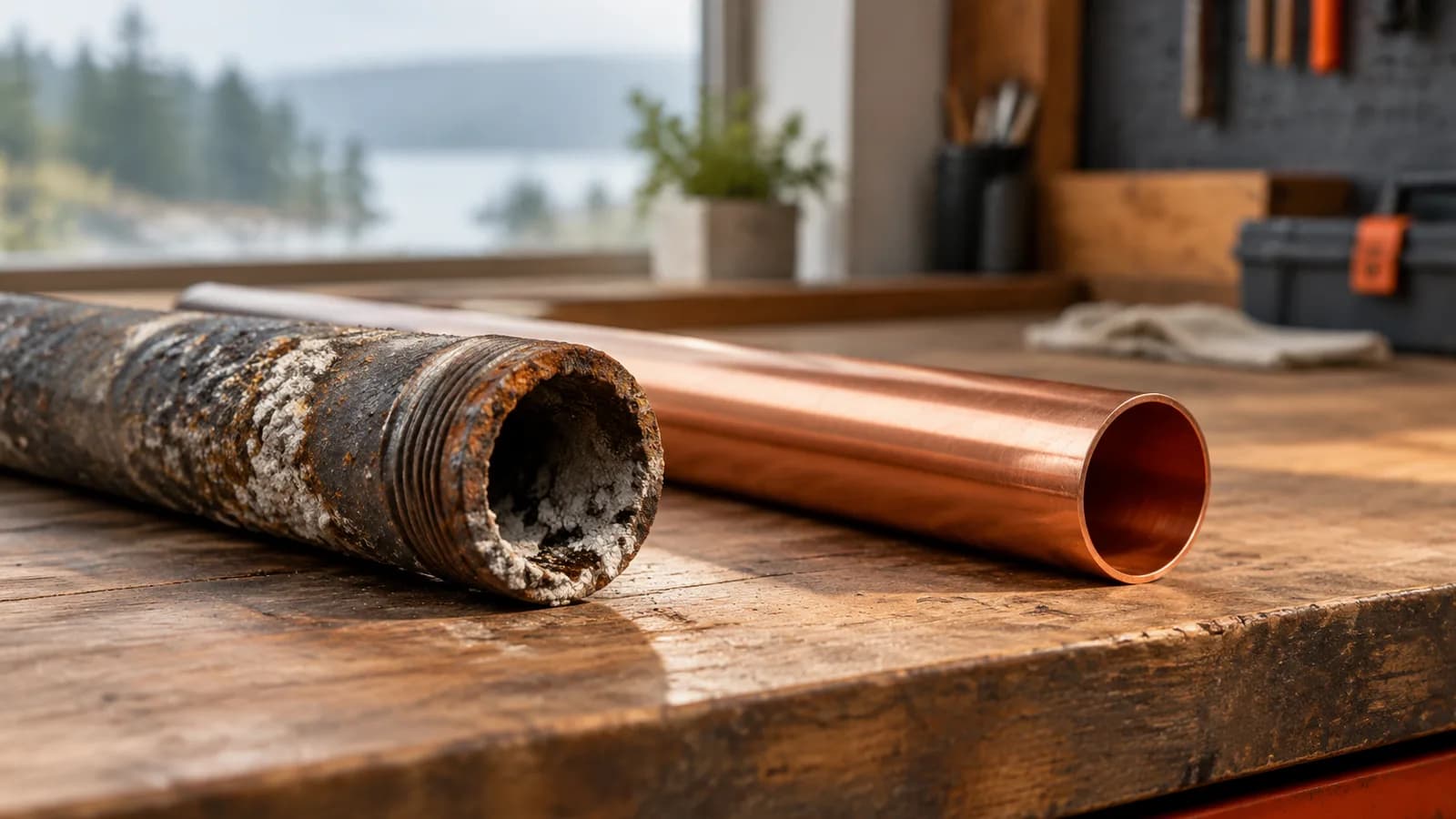 A corroded old pipe section beside a new copper one