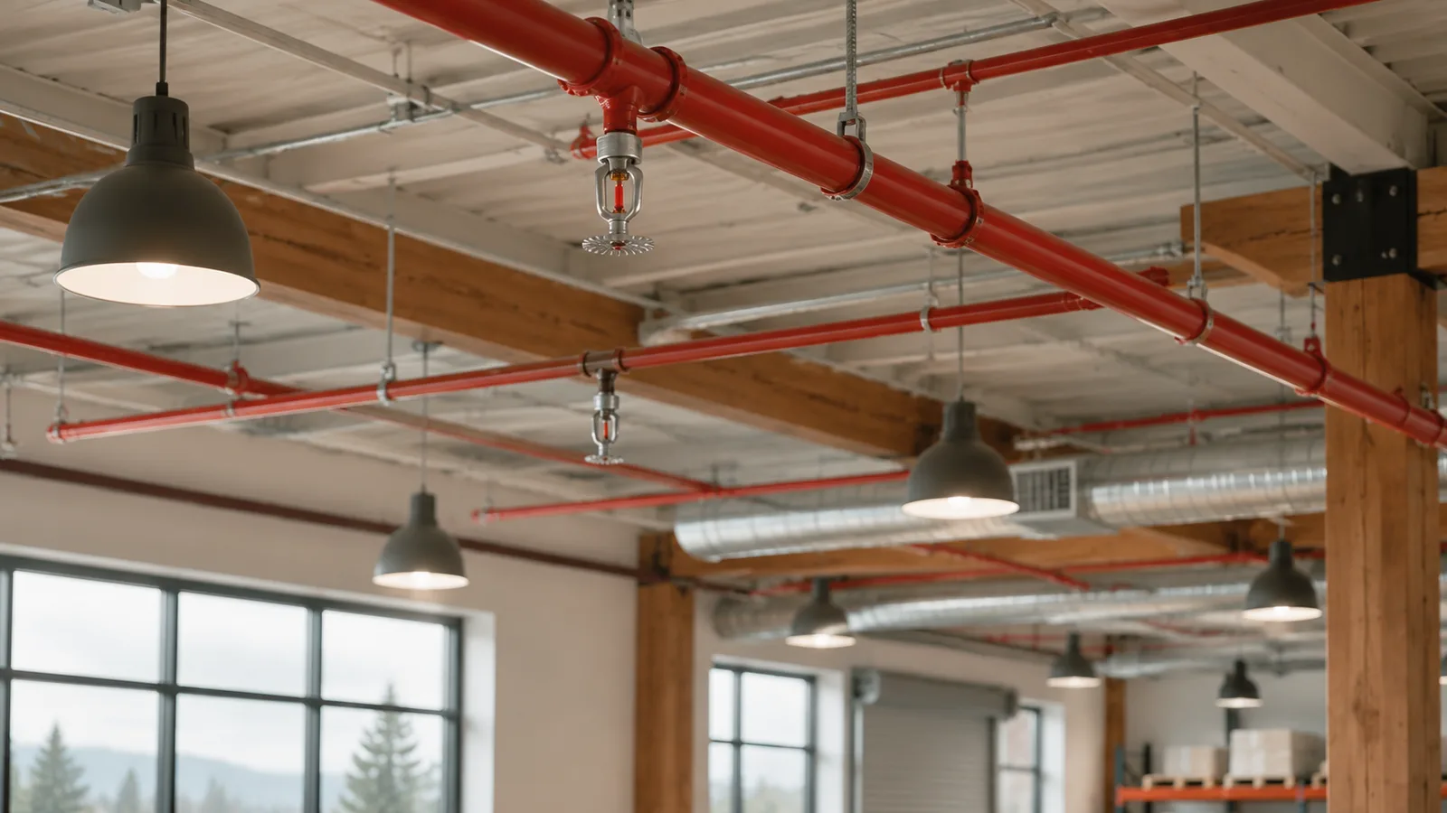 Red fire sprinkler pipes across an exposed commercial ceiling