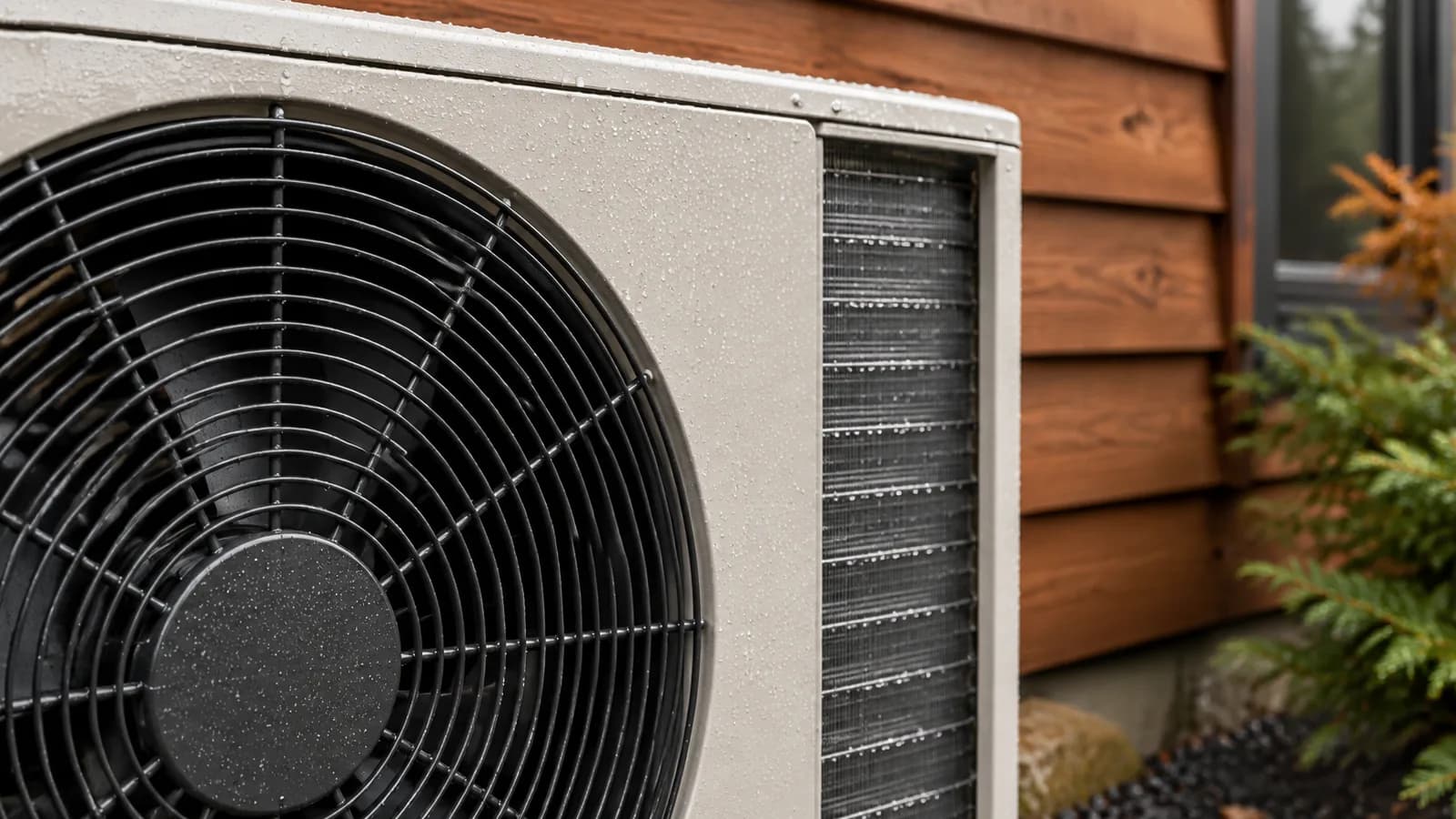 Close-up of a heat pump outdoor unit fan and fins