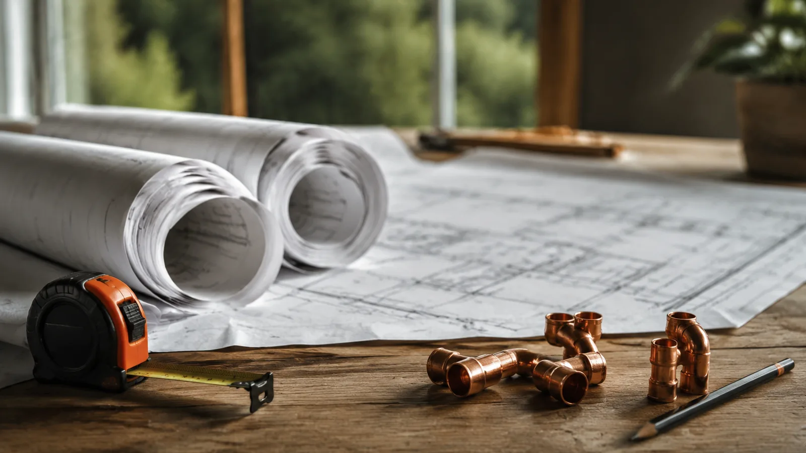 Mechanical drawings, a tape measure and fittings on a table