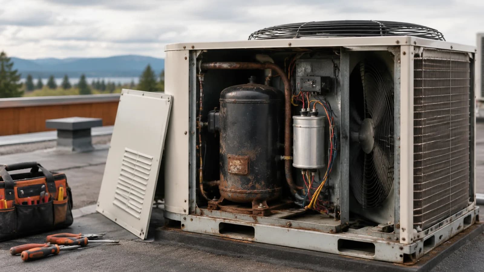 An open rooftop unit showing a worn compressor and fan