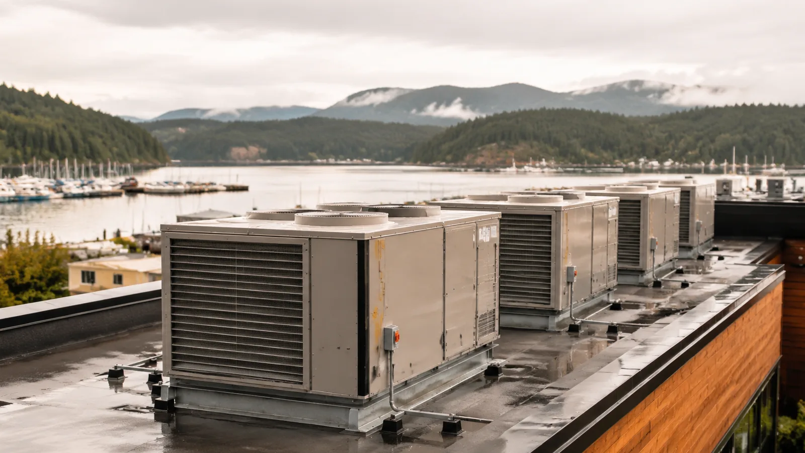 Rooftop HVAC units on a commercial building above a coastal harbour