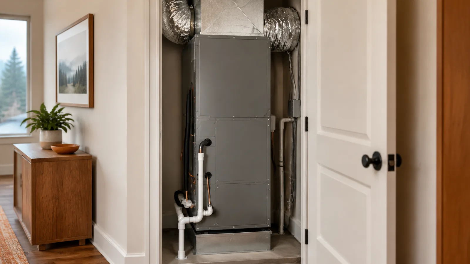 An air handler installed in a utility closet with sealed ductwork