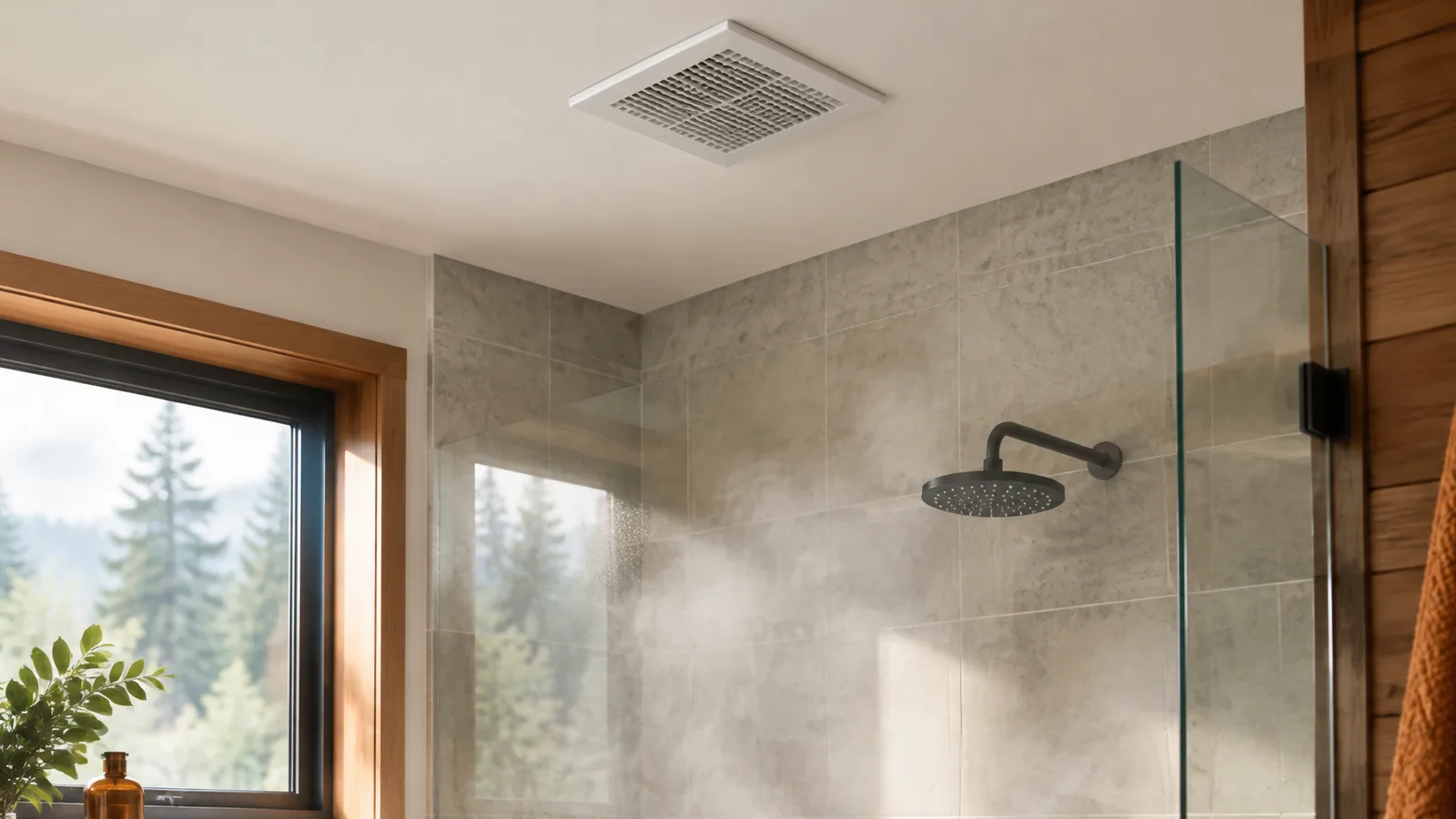 A quiet bathroom exhaust fan grille in a tiled ceiling