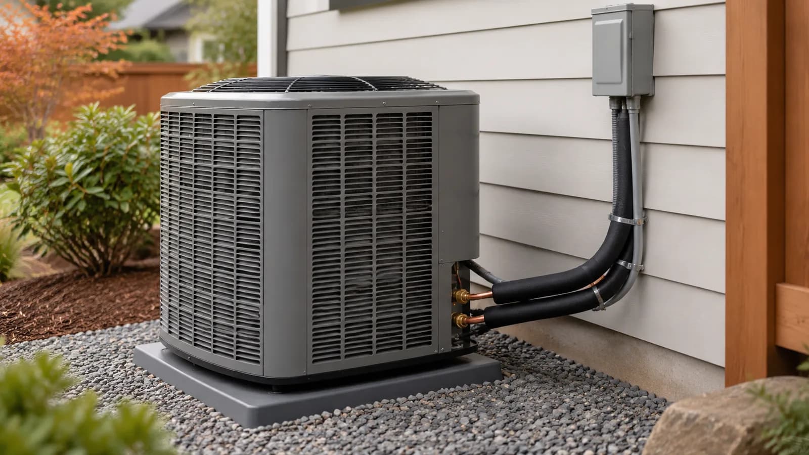 A brand-new air conditioner condenser with clean copper line set