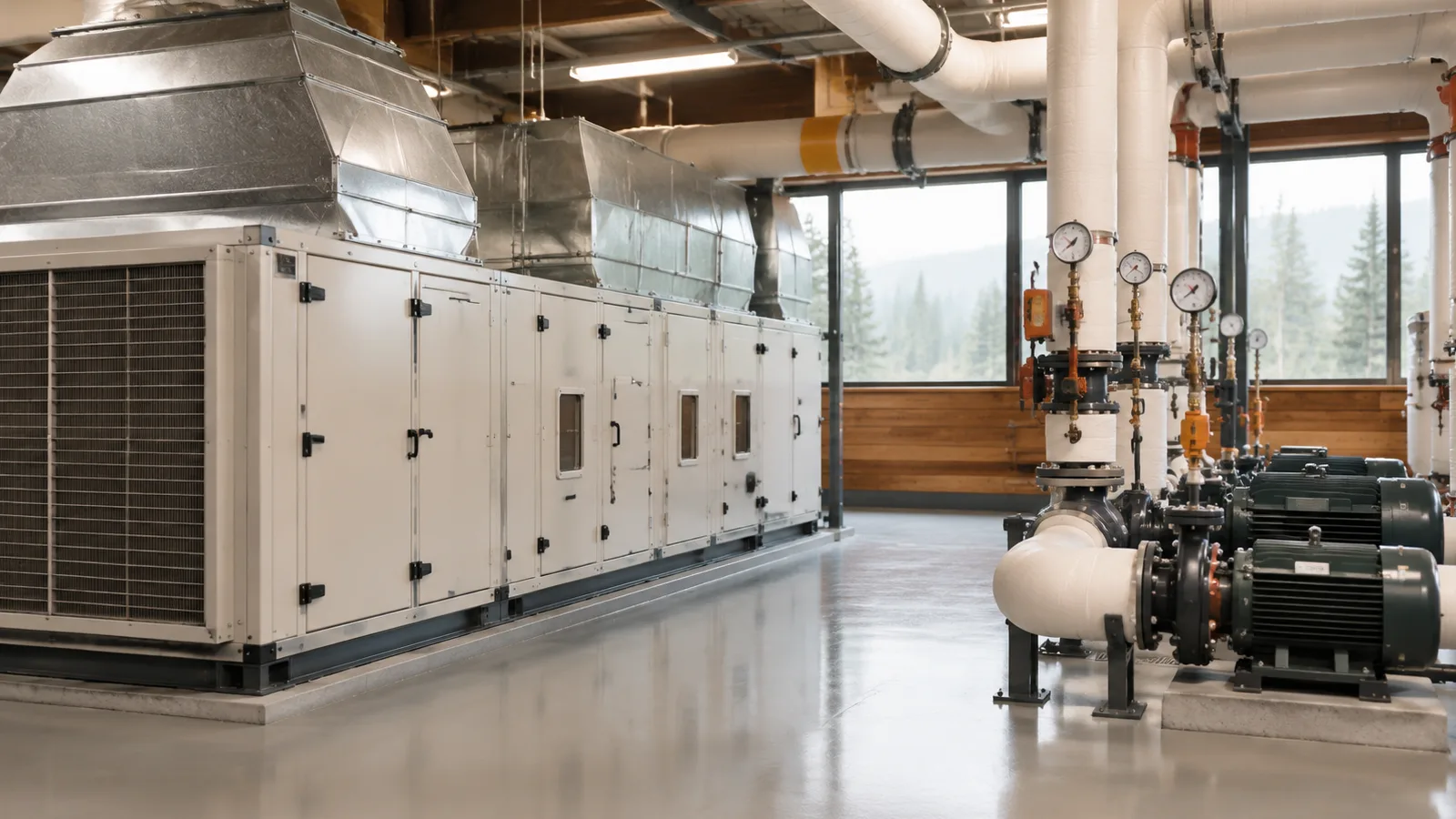 A commercial mechanical room with an air handling unit and piping