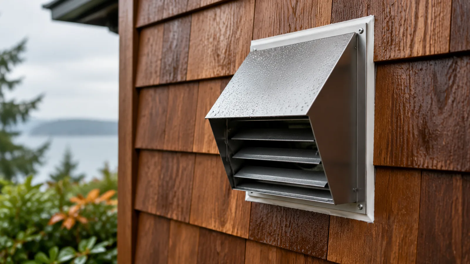 A new dryer vent hood on exterior cedar siding