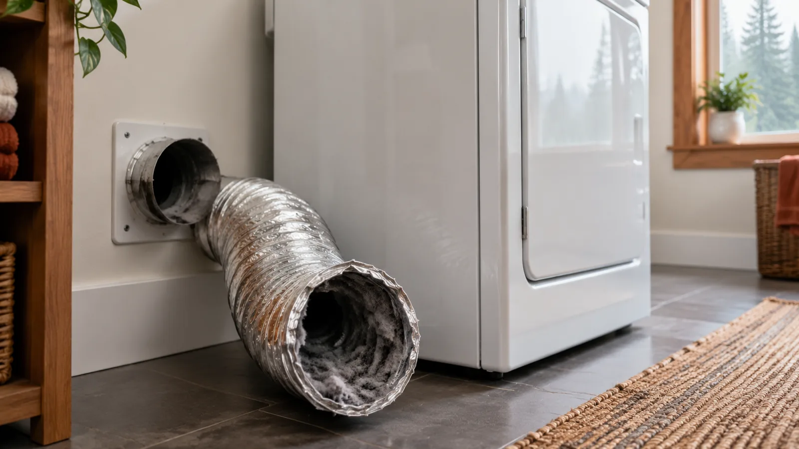 A dryer vent hose disconnected with lint buildup visible