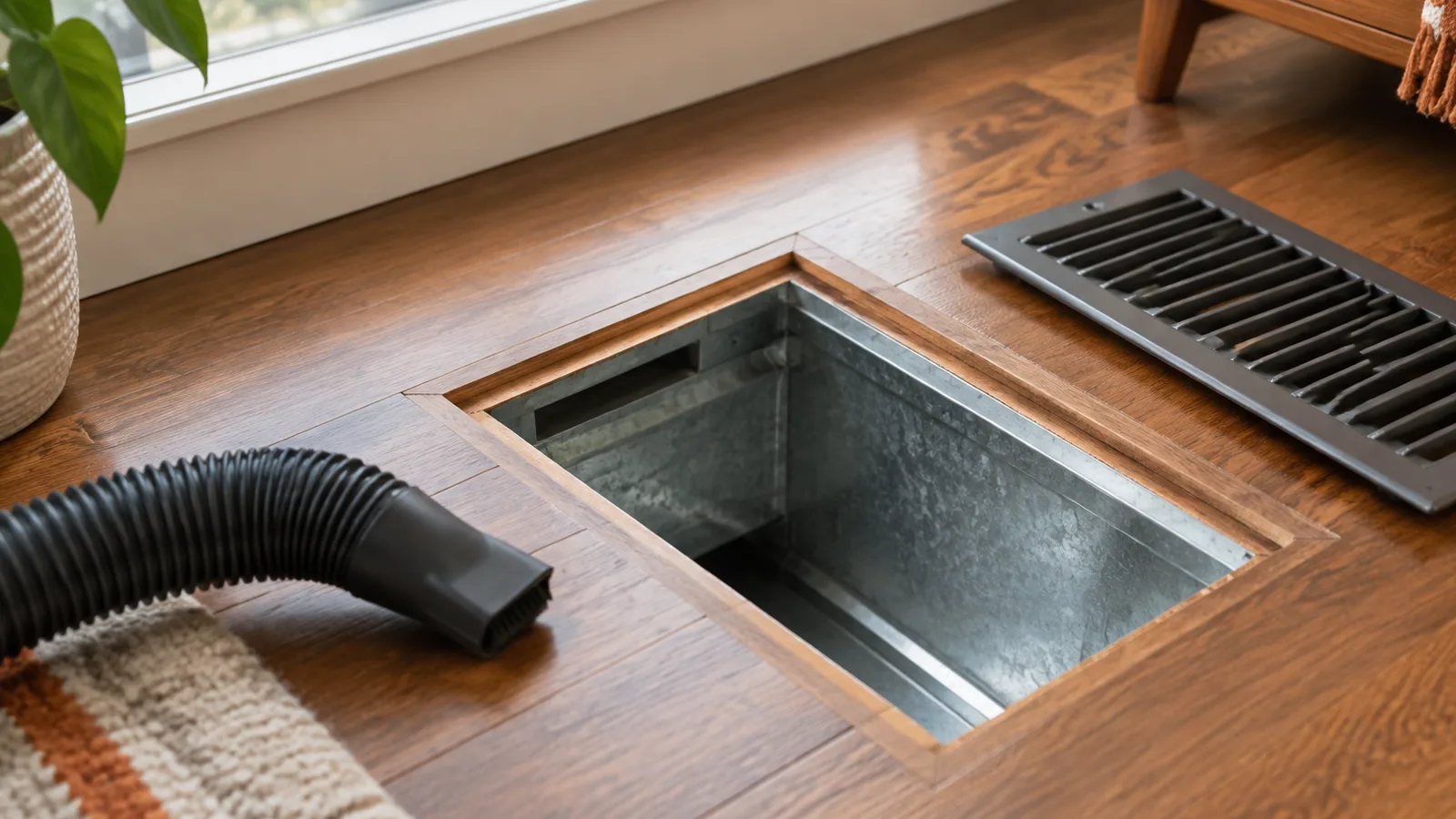An open floor supply vent with the duct visible below