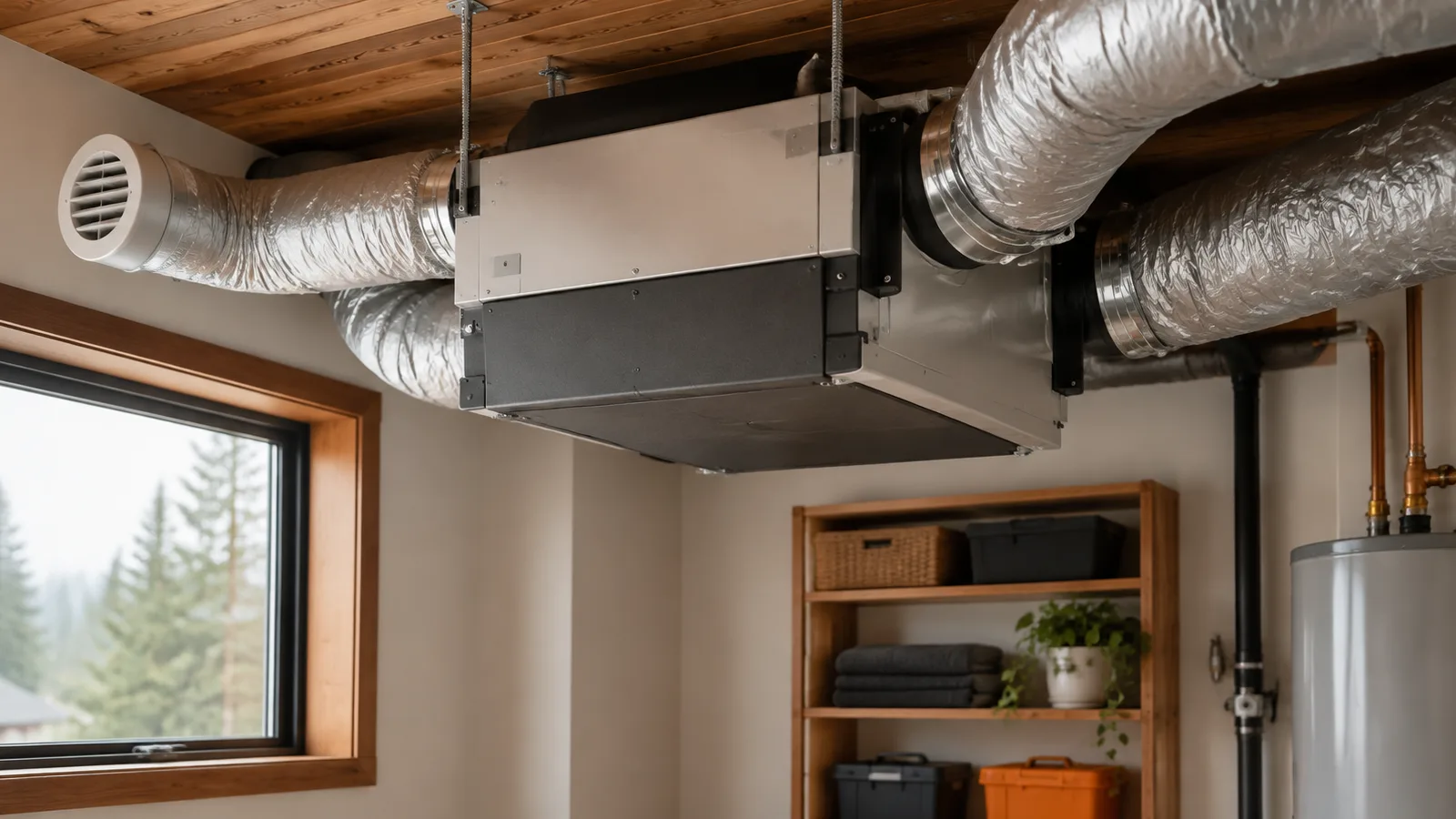 A heat recovery ventilator with insulated ducts in a utility room