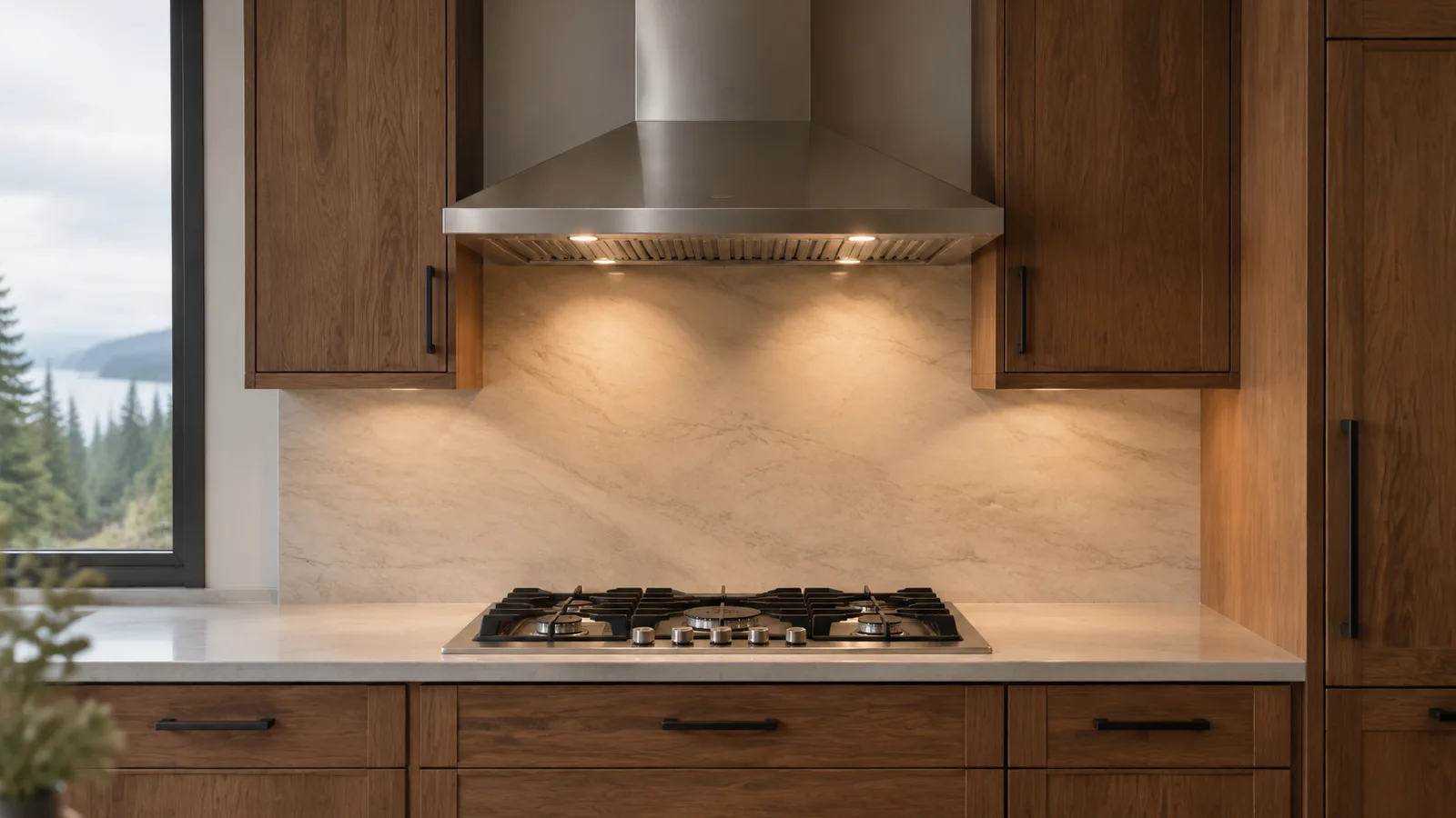 A stainless range hood above a cooktop in a modern kitchen