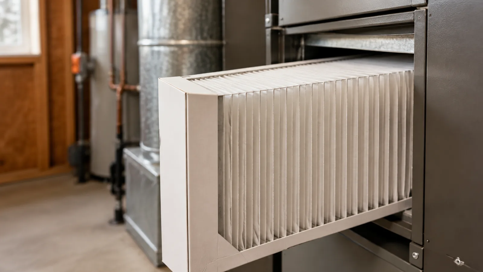 A new pleated media filter sliding into a furnace filter cabinet