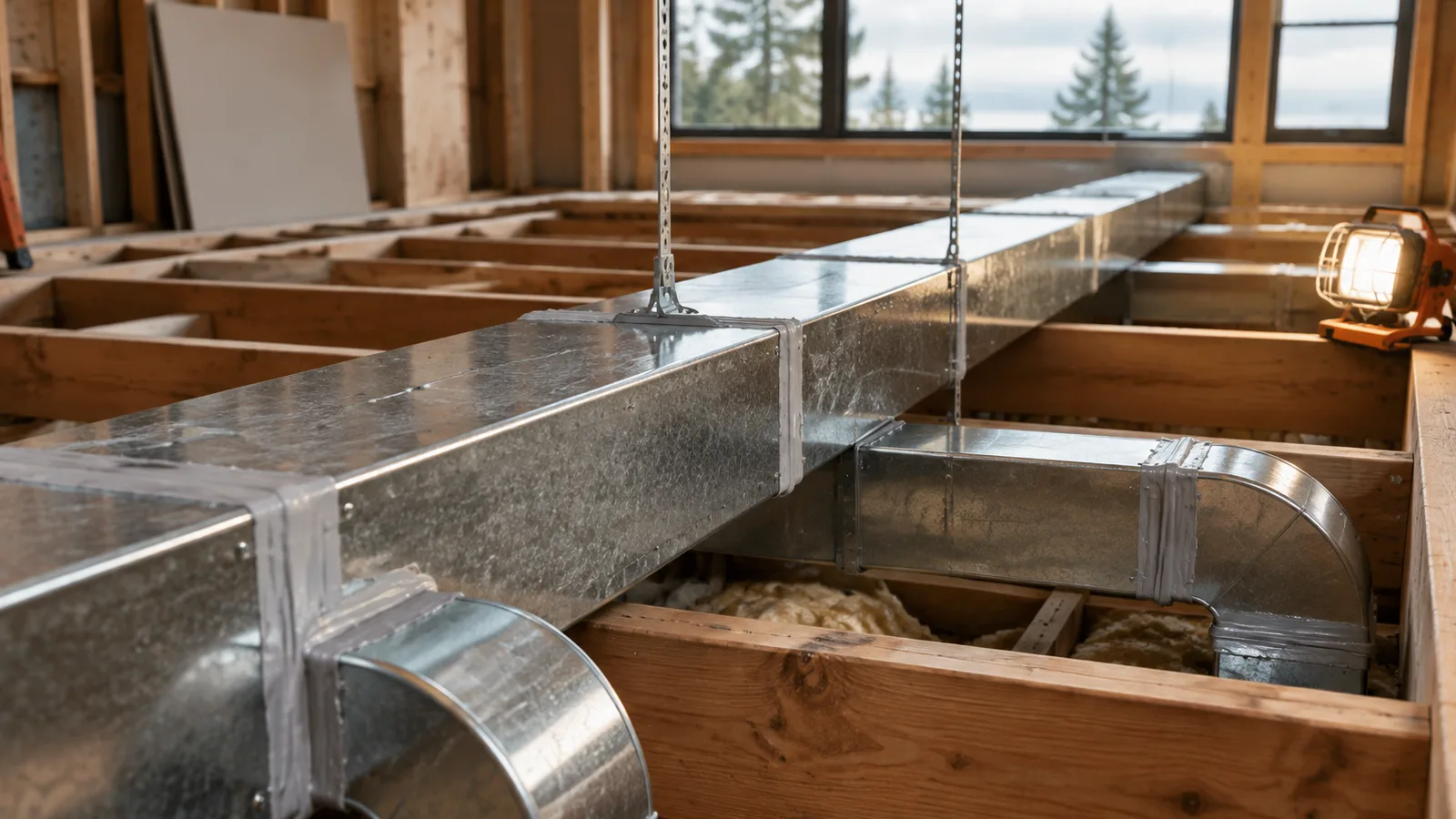 New galvanized ductwork running through open floor joists