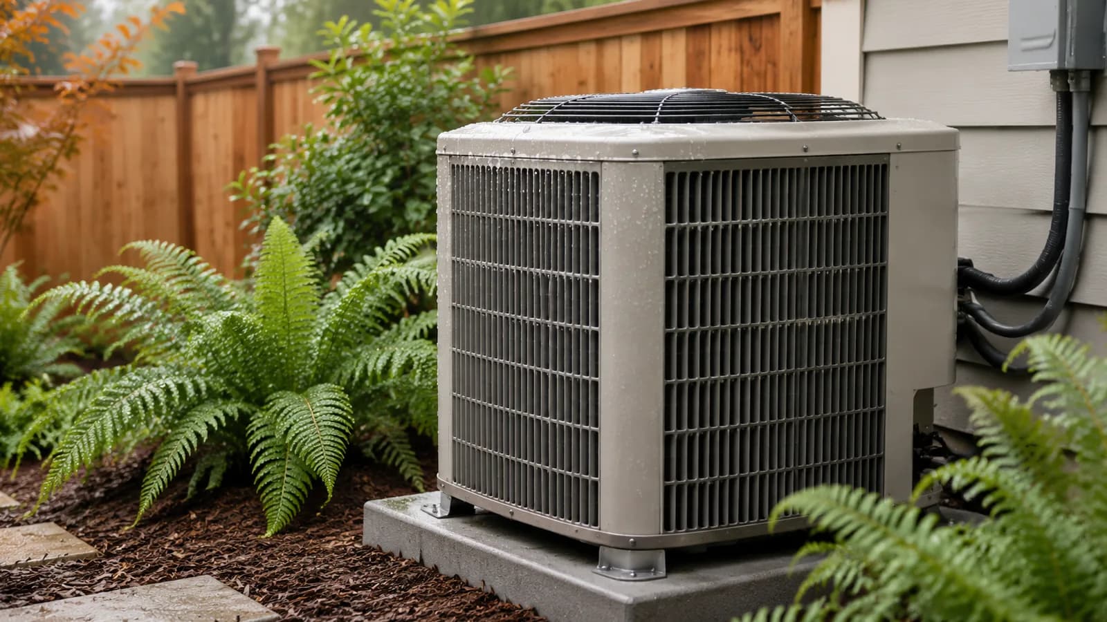 A central air conditioner condenser in a tidy side garden
