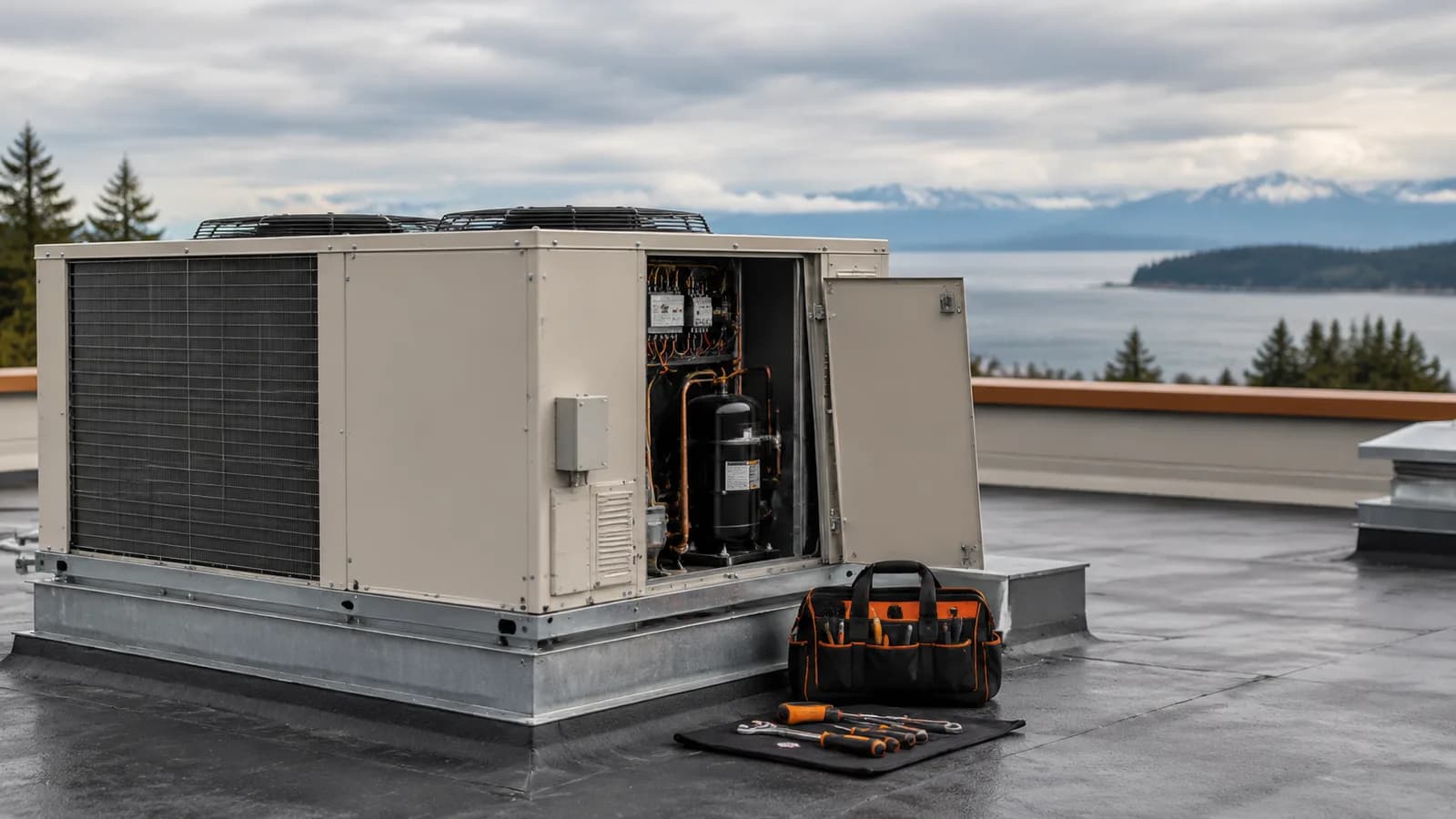 A packaged rooftop HVAC unit on a flat commercial roof