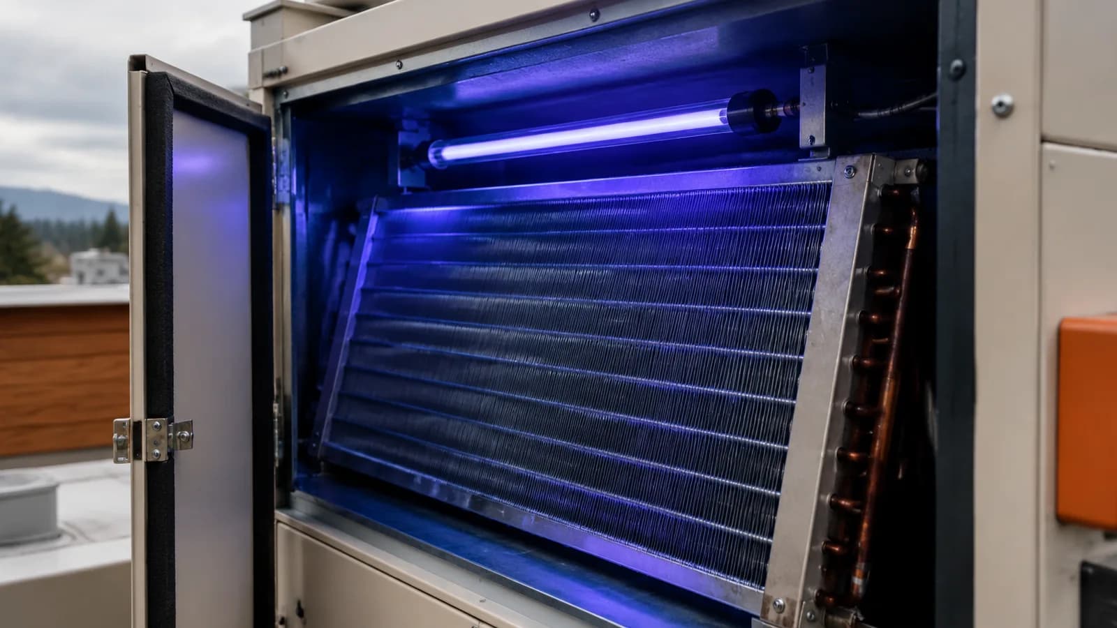A UV germicidal lamp glowing inside an air handler