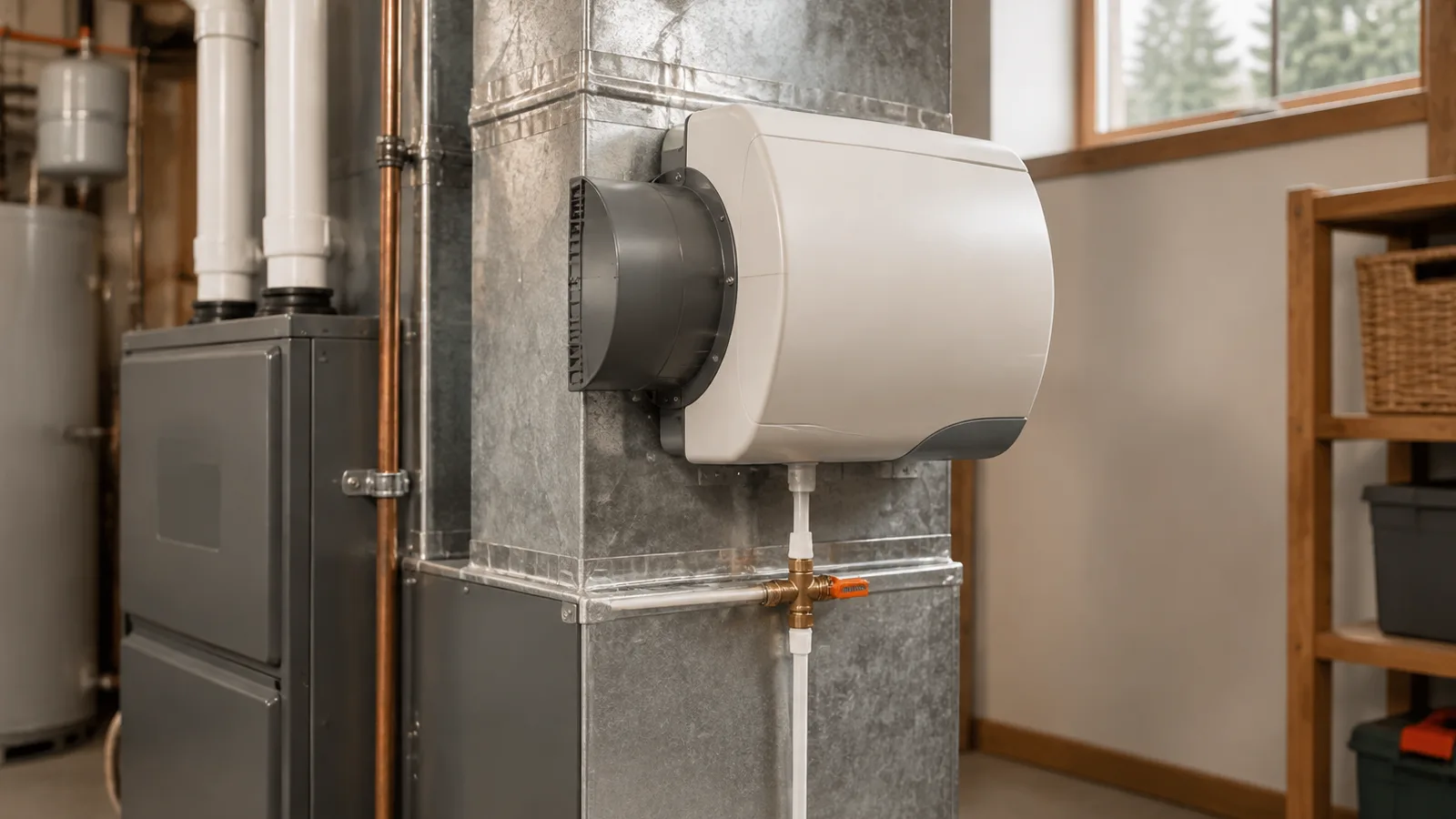 A whole-home humidifier mounted on furnace ductwork
