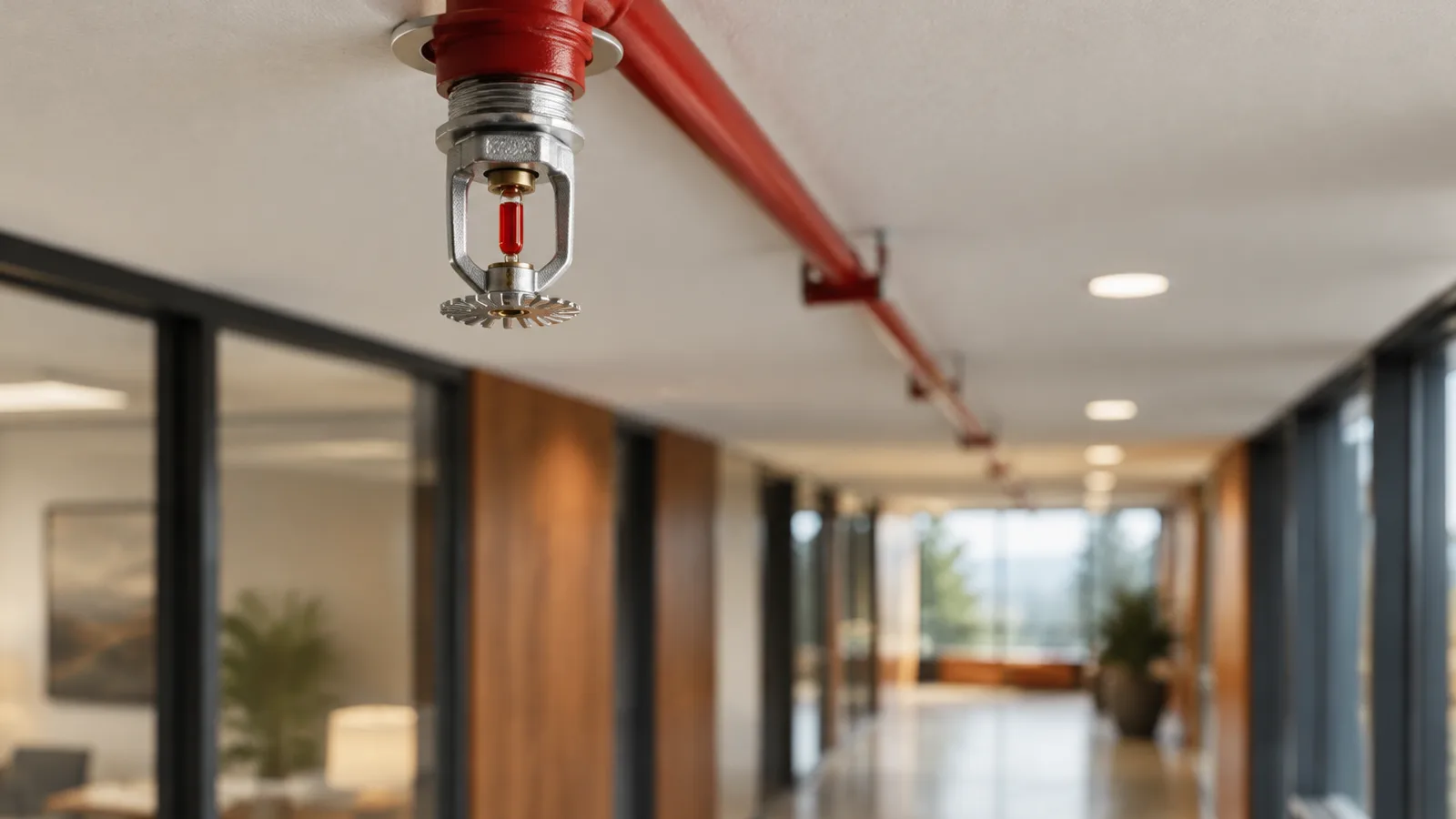 A fire sprinkler head on a commercial ceiling