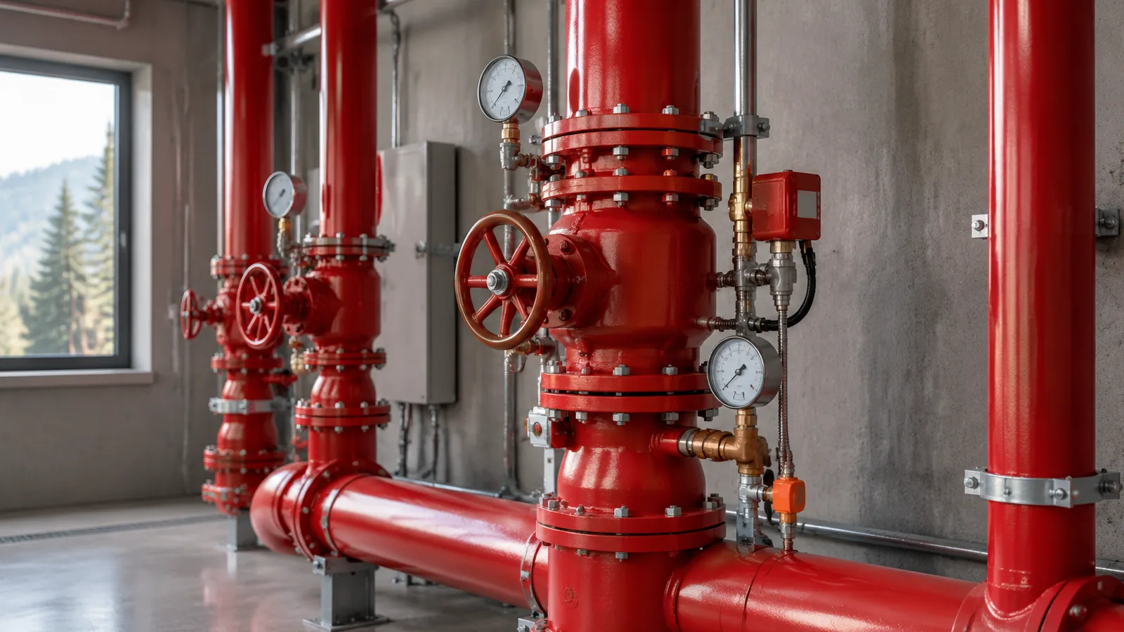 A fire sprinkler riser room with red pipes and valves