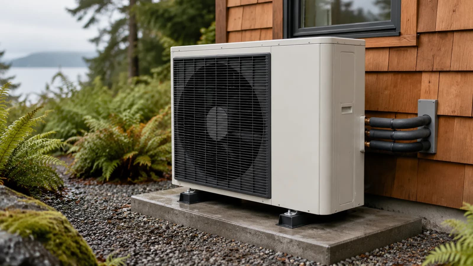 An air-to-water heat pump outdoor unit on a pad beside a cedar-sided home