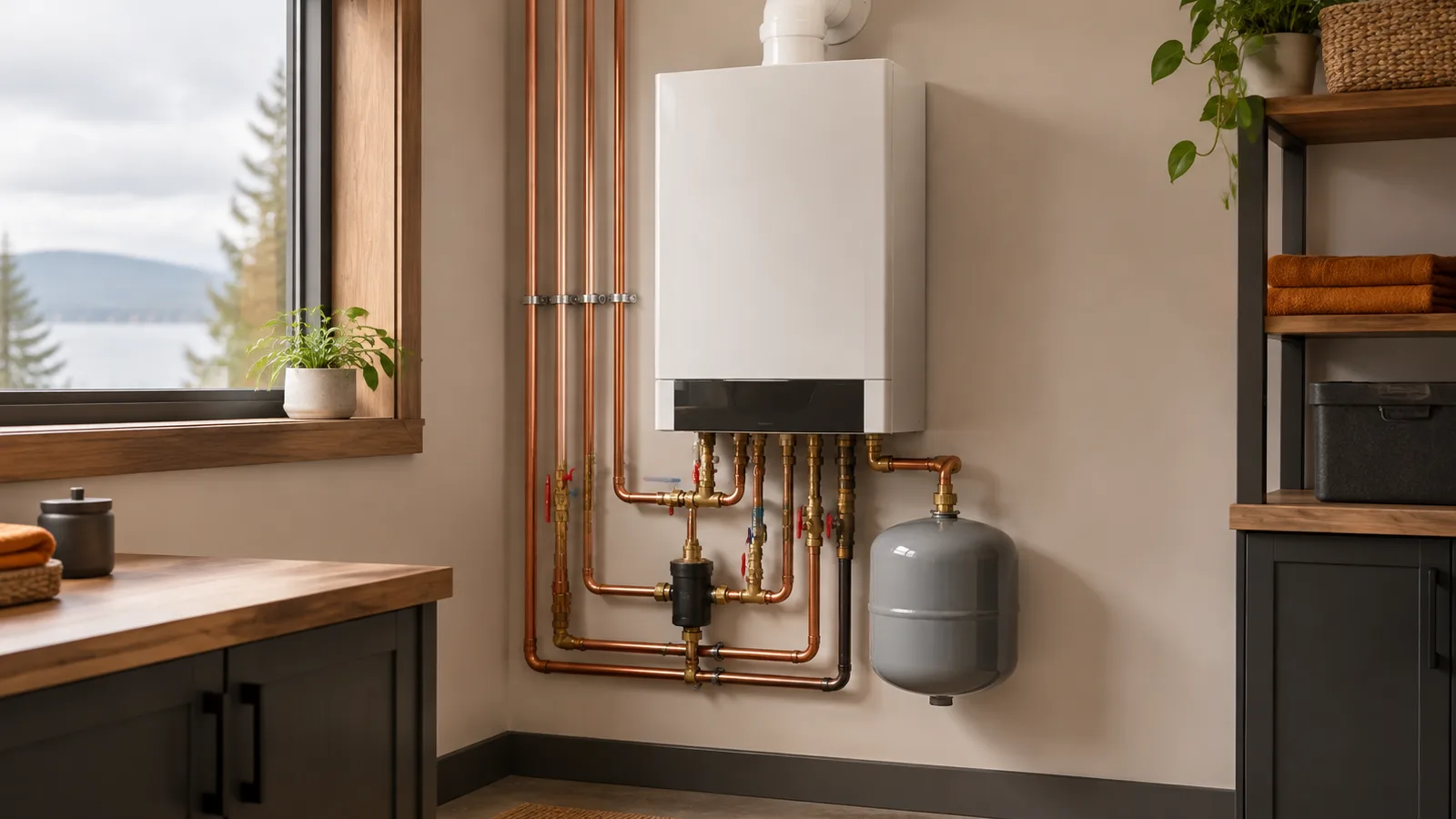A wall-hung condensing boiler with neat copper piping