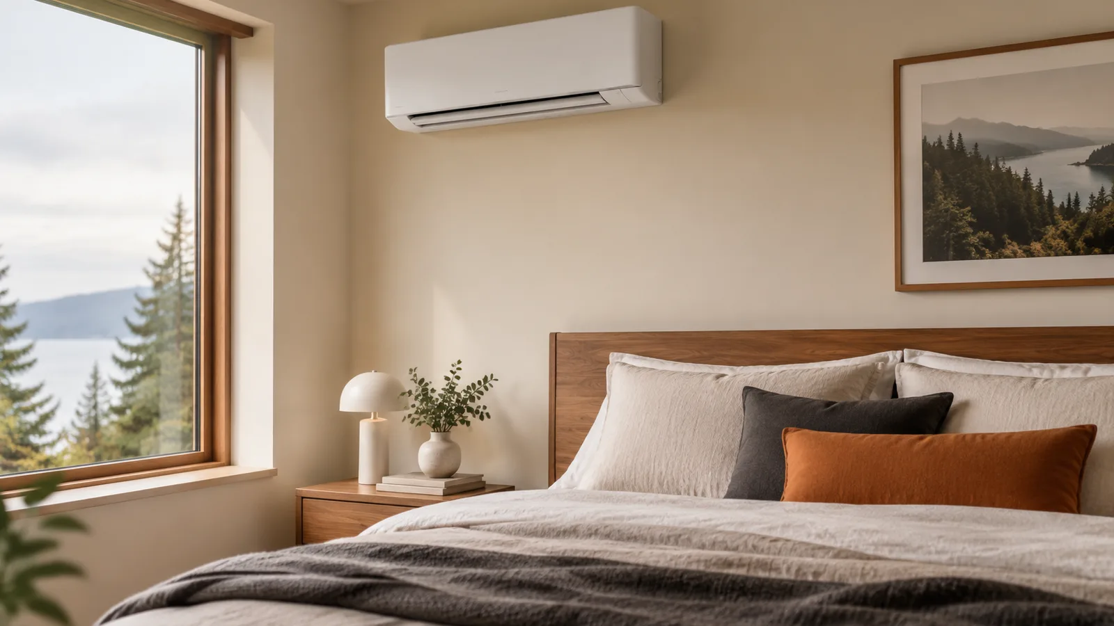 A ductless mini-split indoor unit mounted high on a bedroom wall
