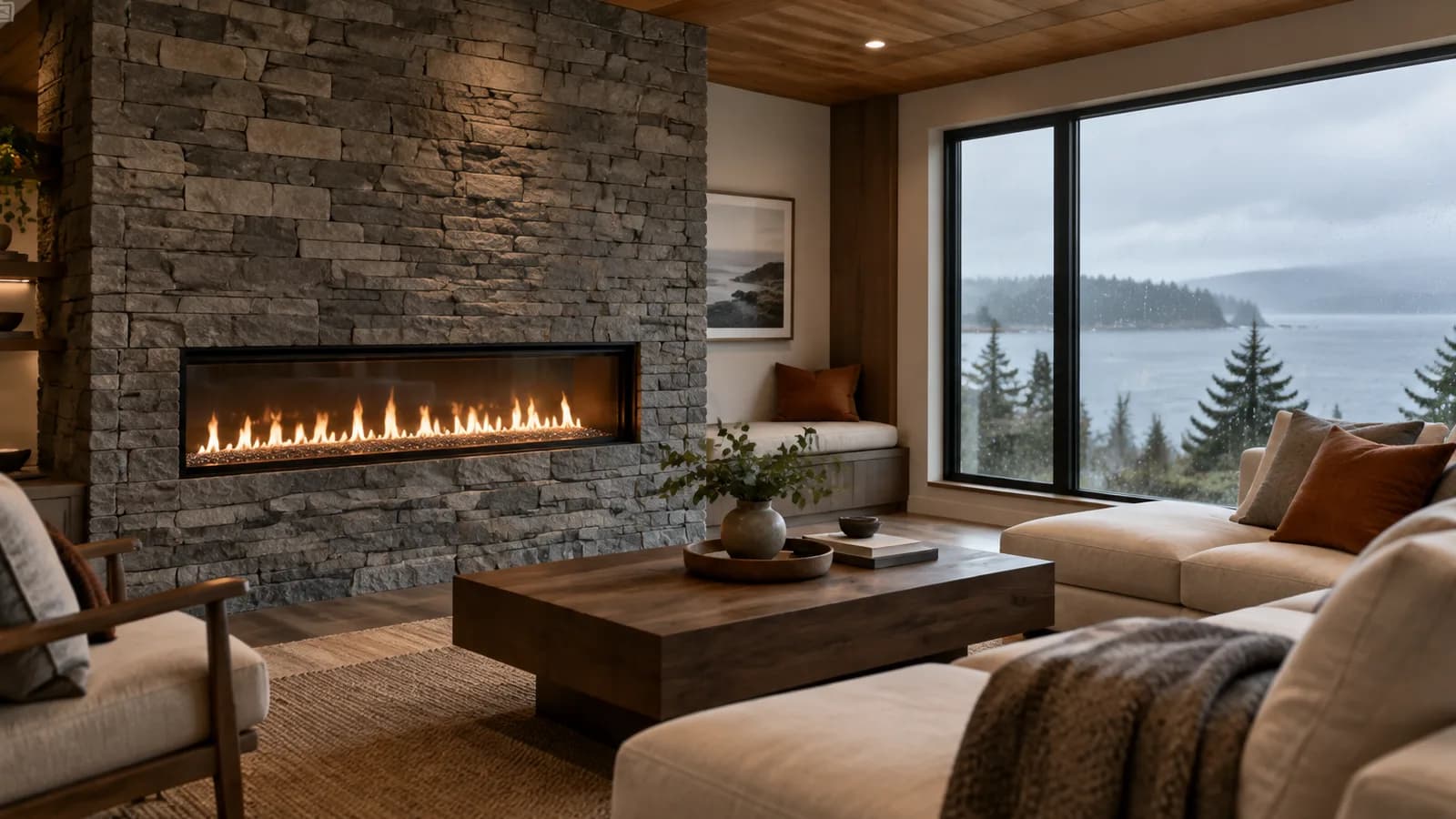 A lit gas fireplace in a calm living room