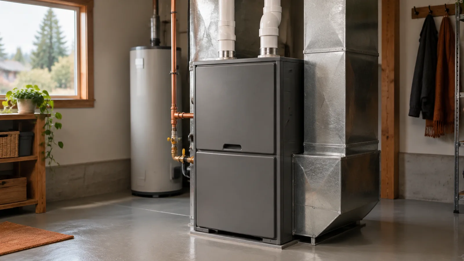 A modern high-efficiency gas furnace in a clean, well-lit mechanical room