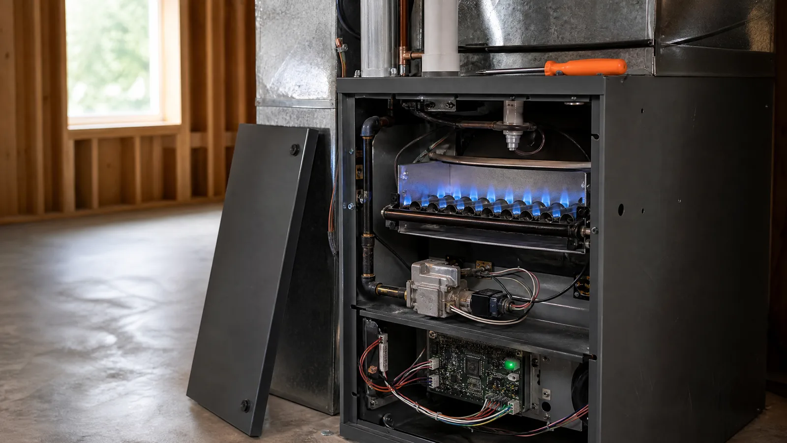 An open gas furnace showing a row of burners with blue flames and its control board