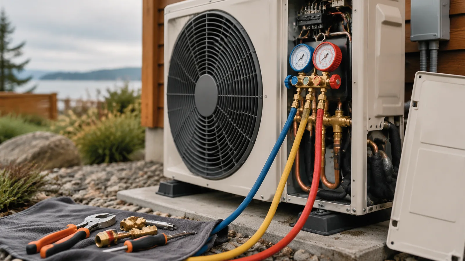 A heat pump outdoor unit with its service panel open and gauges connected
