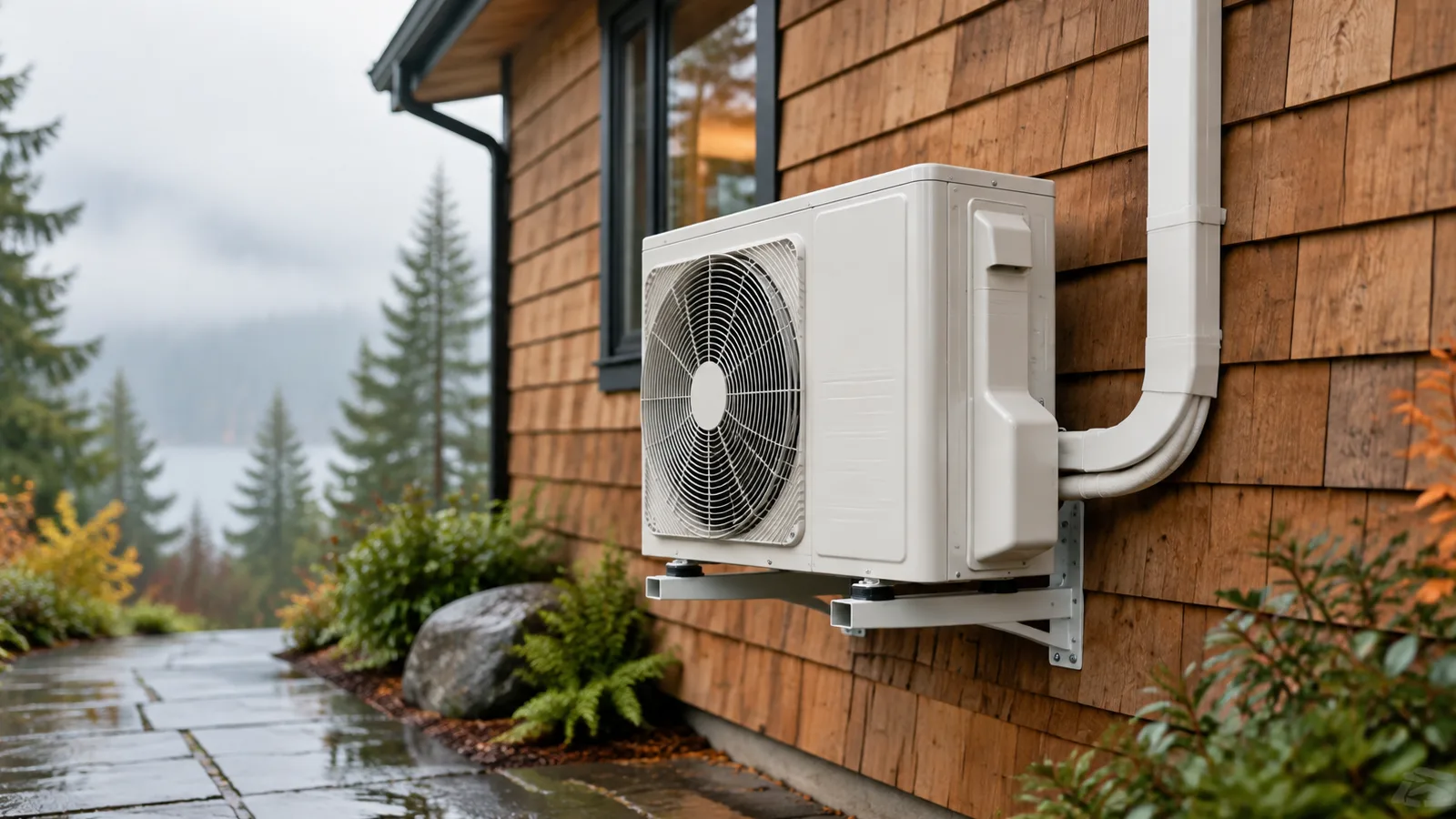 A newly installed heat pump outdoor unit beside a cedar-sided house