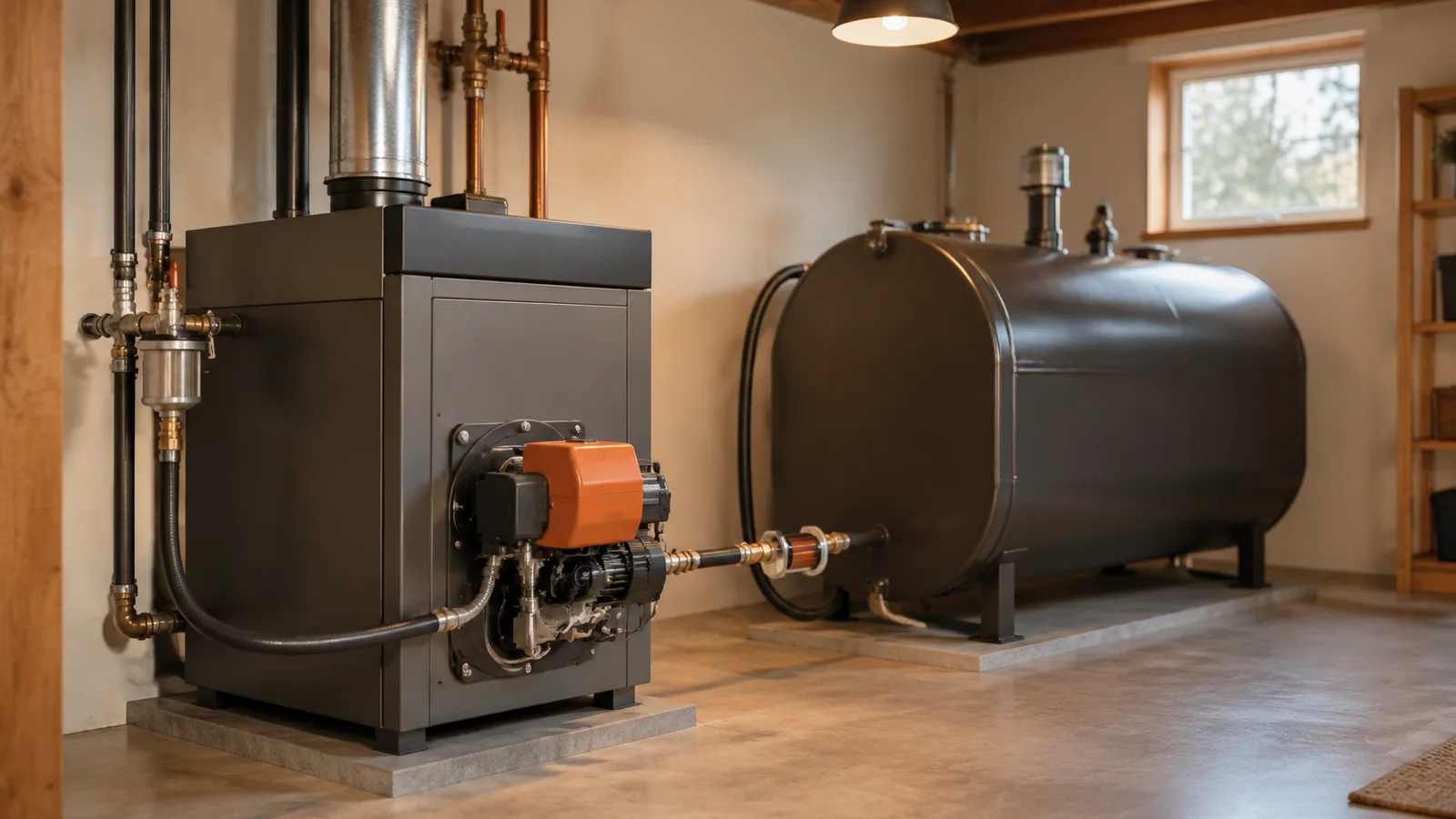 An oil-fired furnace and steel oil tank in a basement