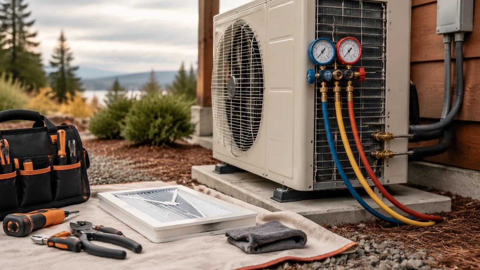 Refrigerant gauges connected to a heat pump during a maintenance visit