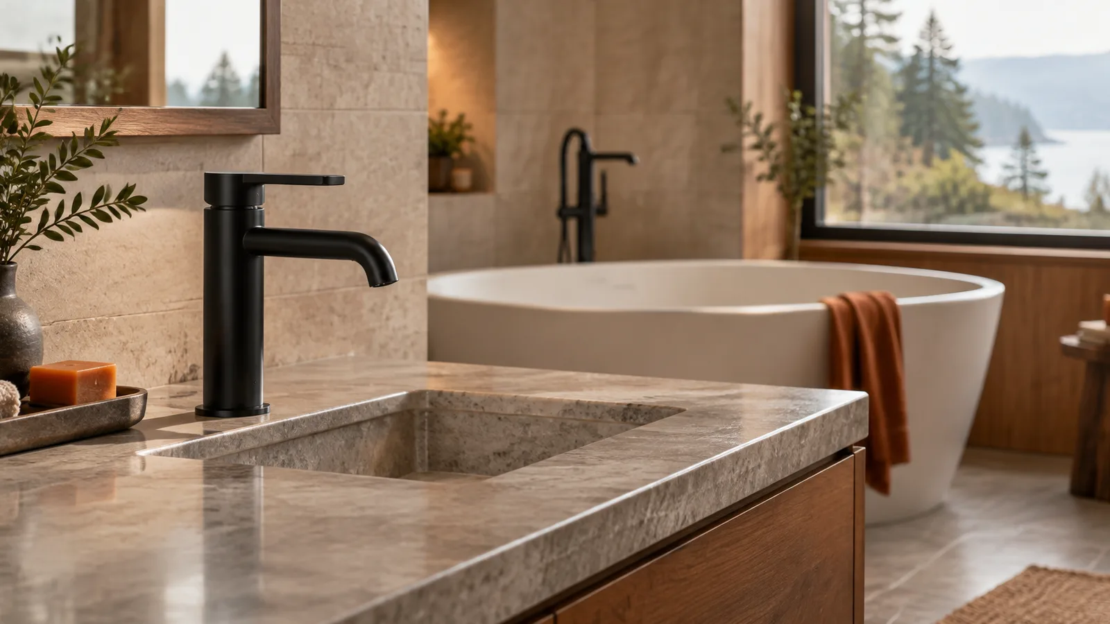 A new matte-black bathroom faucet and freestanding tub