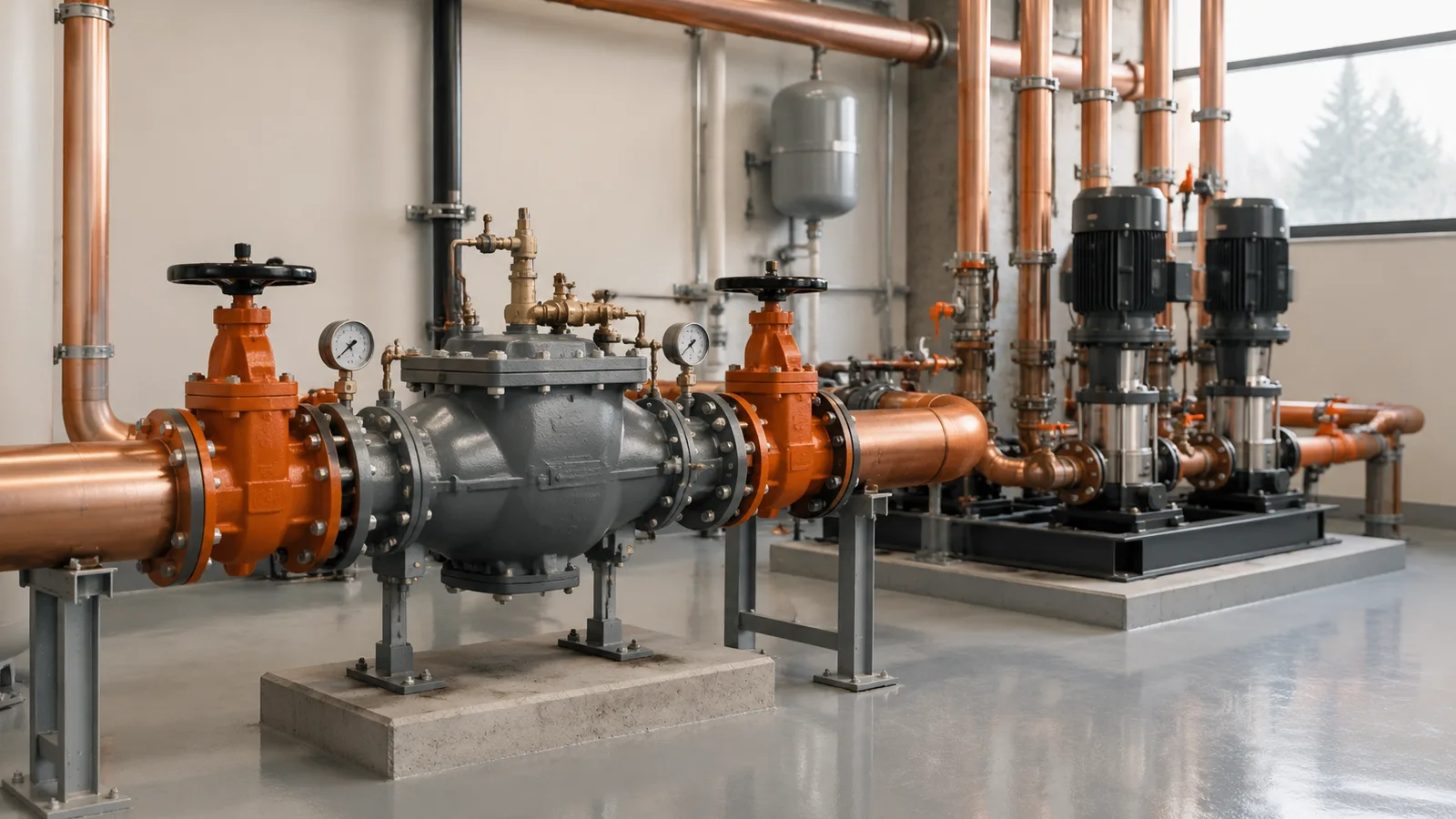 A commercial backflow preventer and pumps in a mechanical room