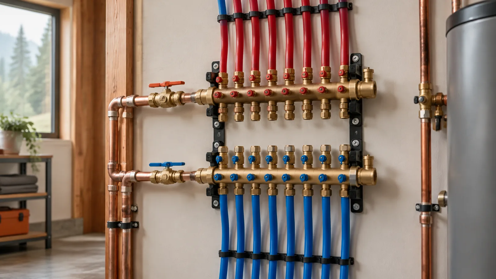 A neat PEX manifold with copper supply in a mechanical room