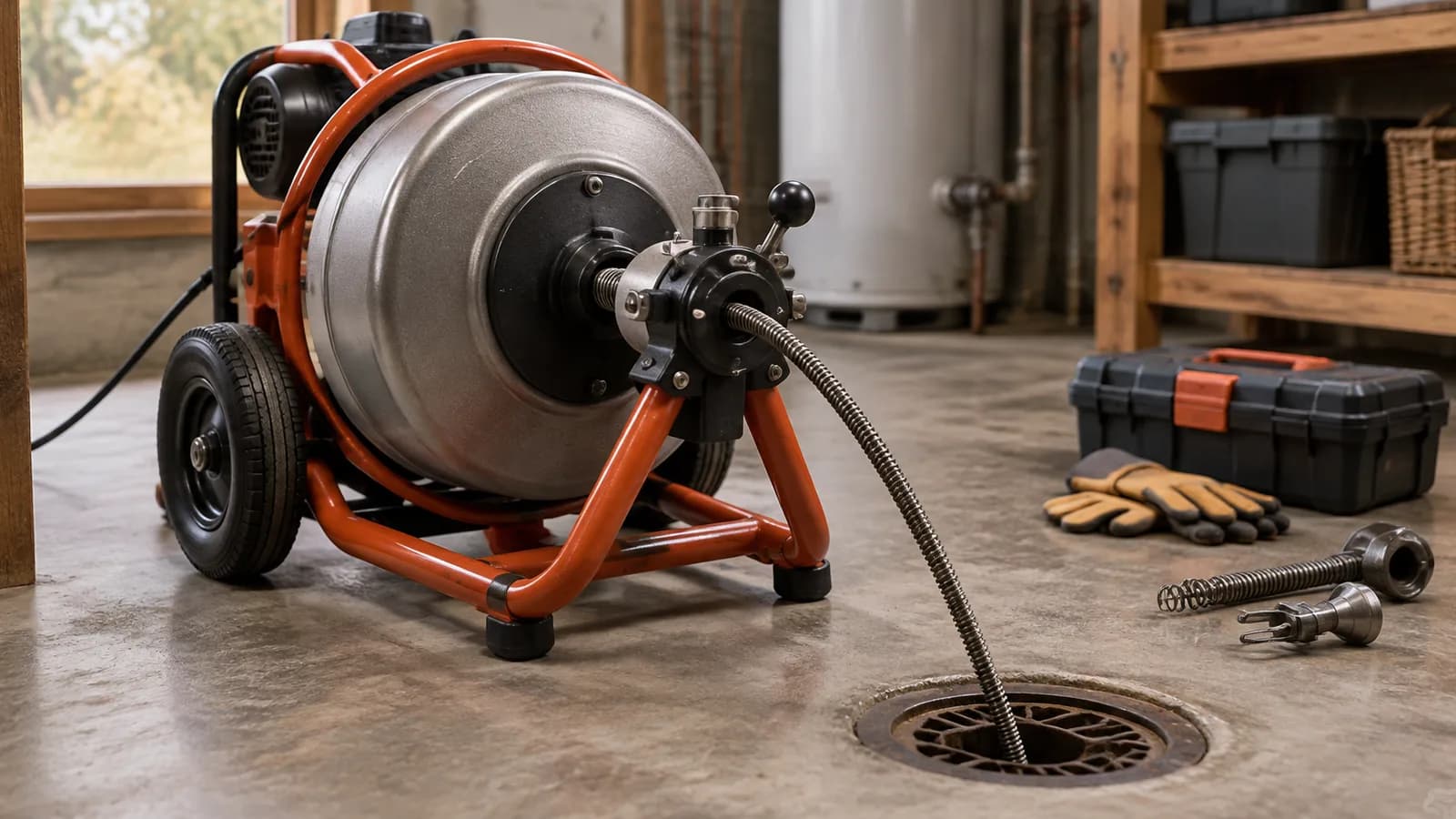 A drain cleaning machine cable entering a floor drain