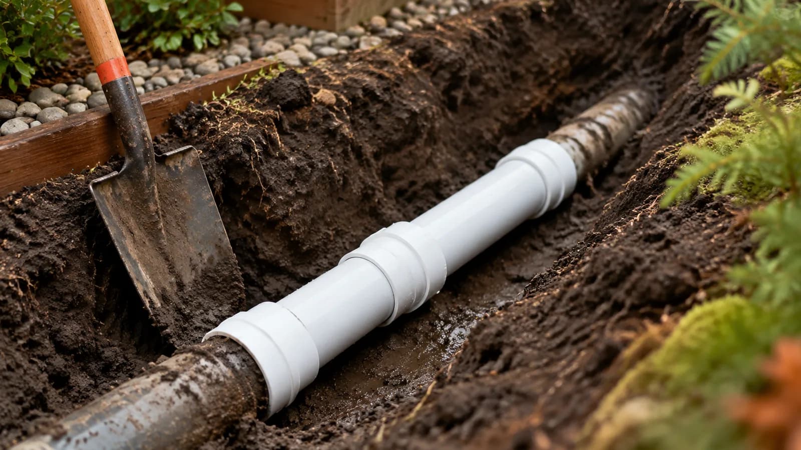 An excavated drain pipe with a new section spliced in