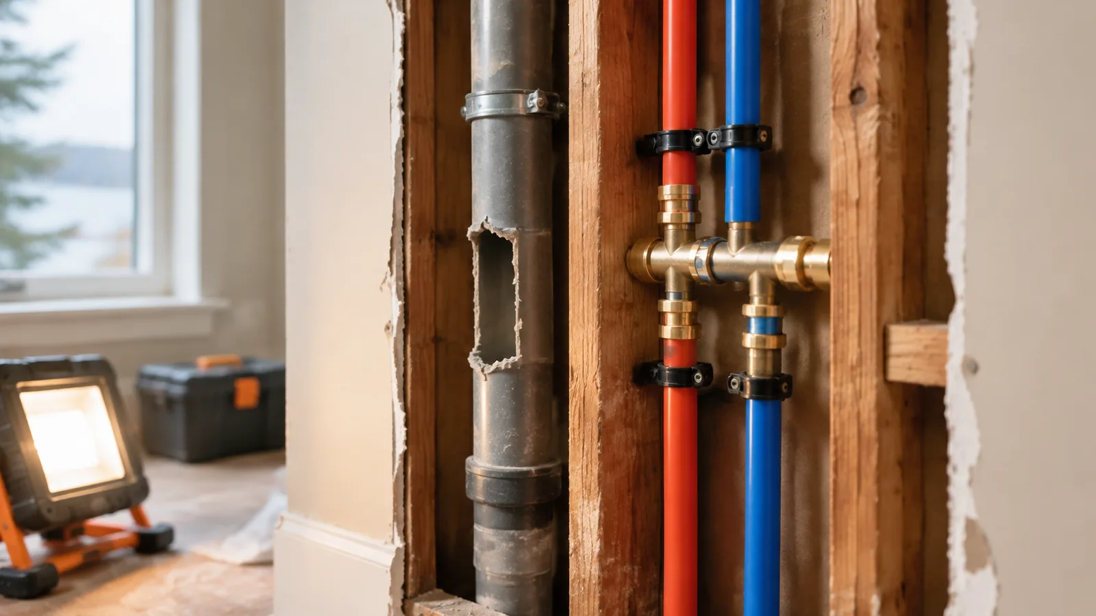 Grey poly-B pipe being replaced with new PEX