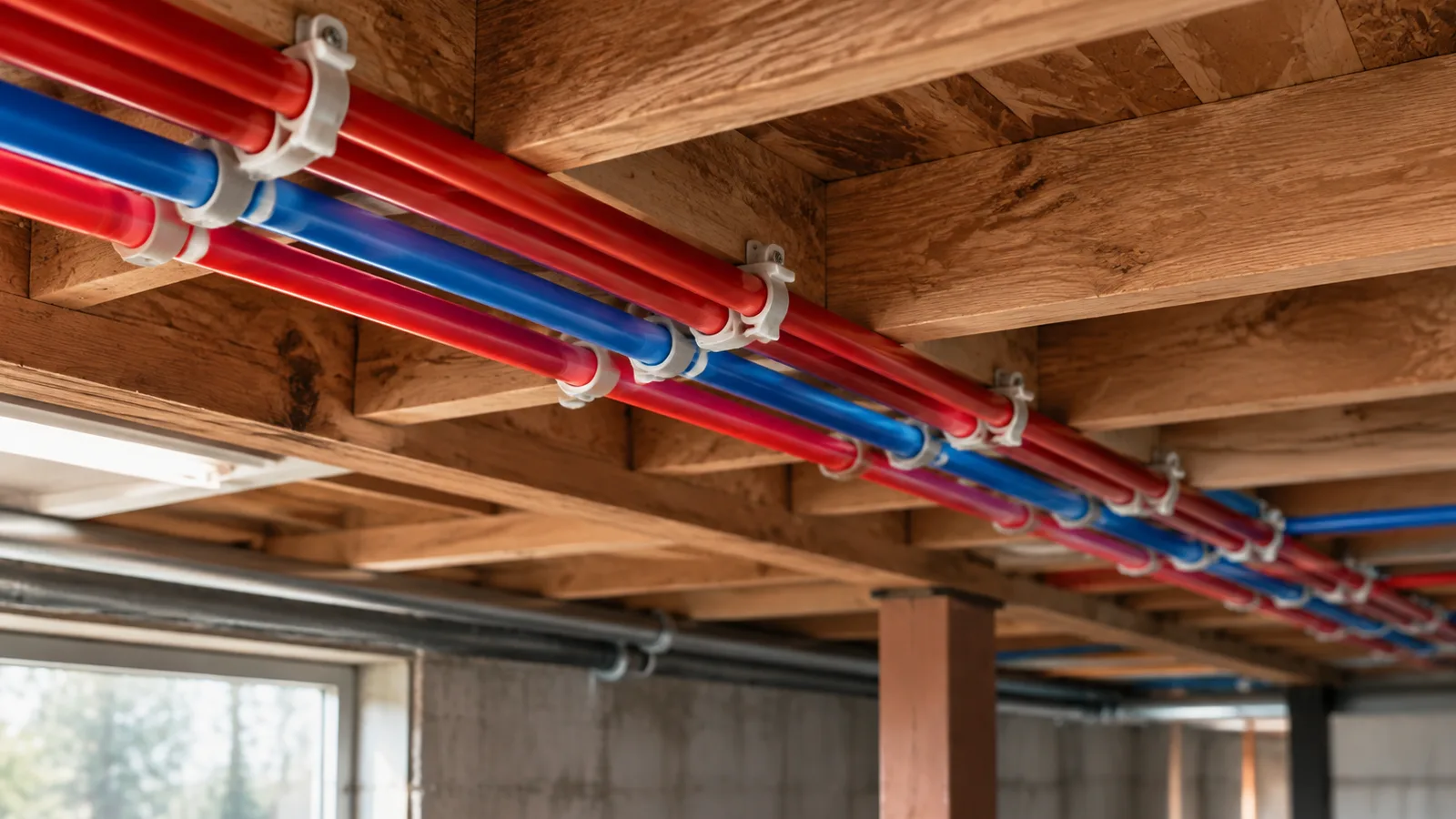 New PEX water lines run through floor joists during a repipe