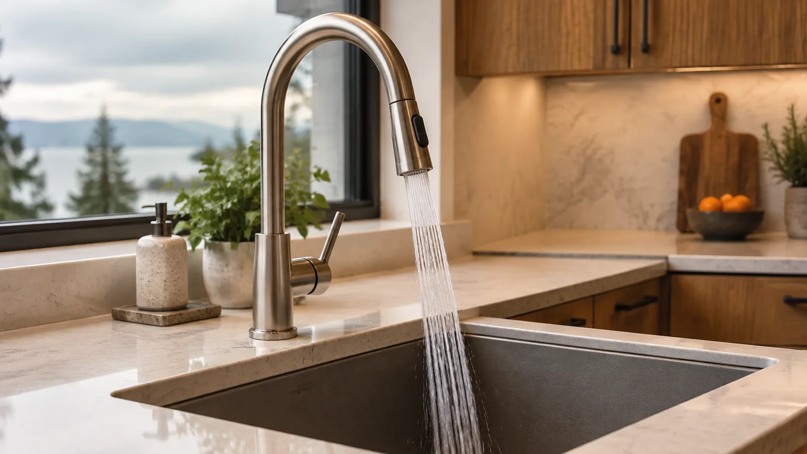 A new pull-down kitchen faucet on an undermount sink