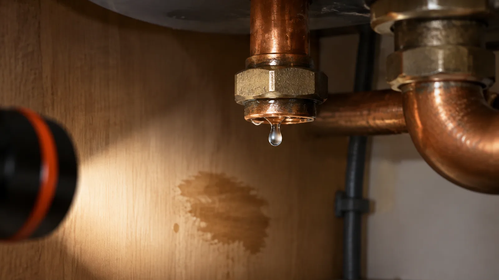 A water droplet on a copper fitting under a sink
