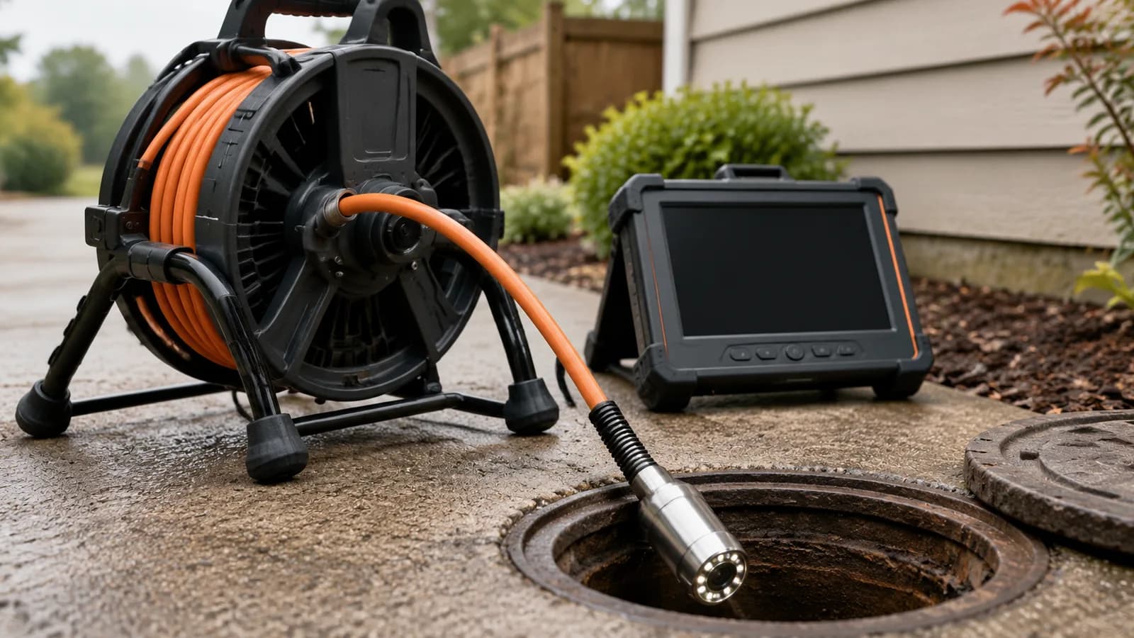 A sewer inspection camera reel and cable at a cleanout
